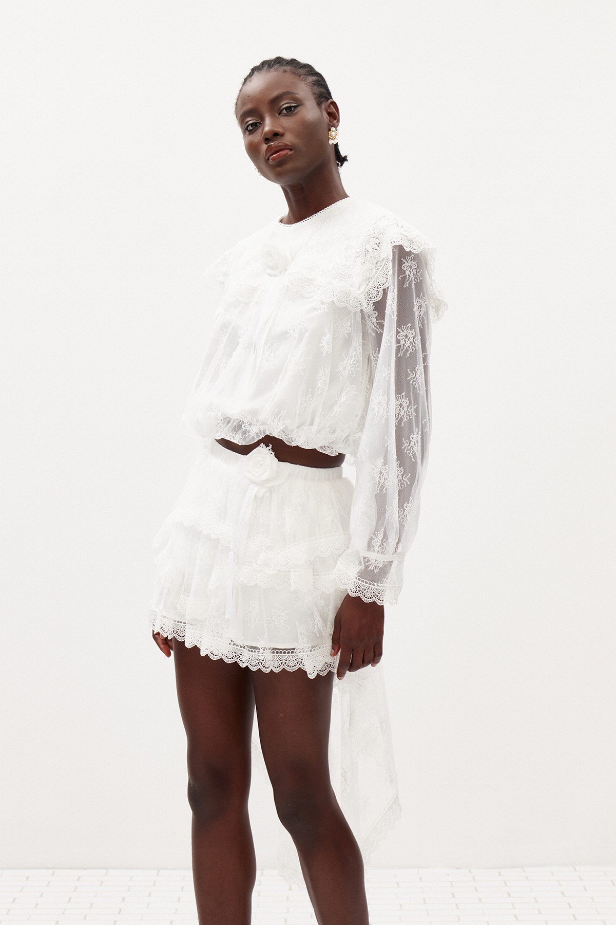 Ikraam Lace Crop Flower Skirt Set