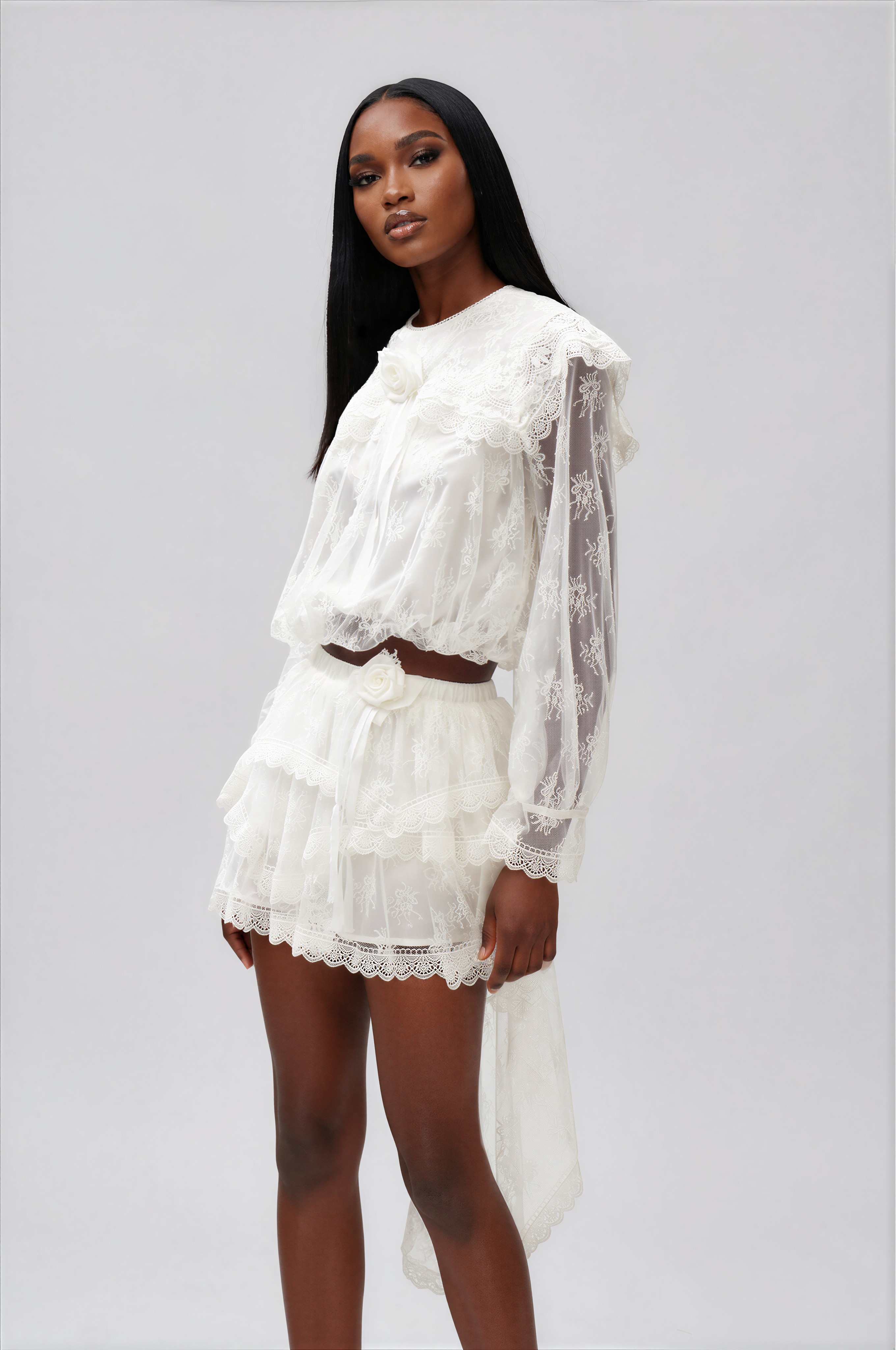 Ikraam Lace Crop Flower Skirt Set