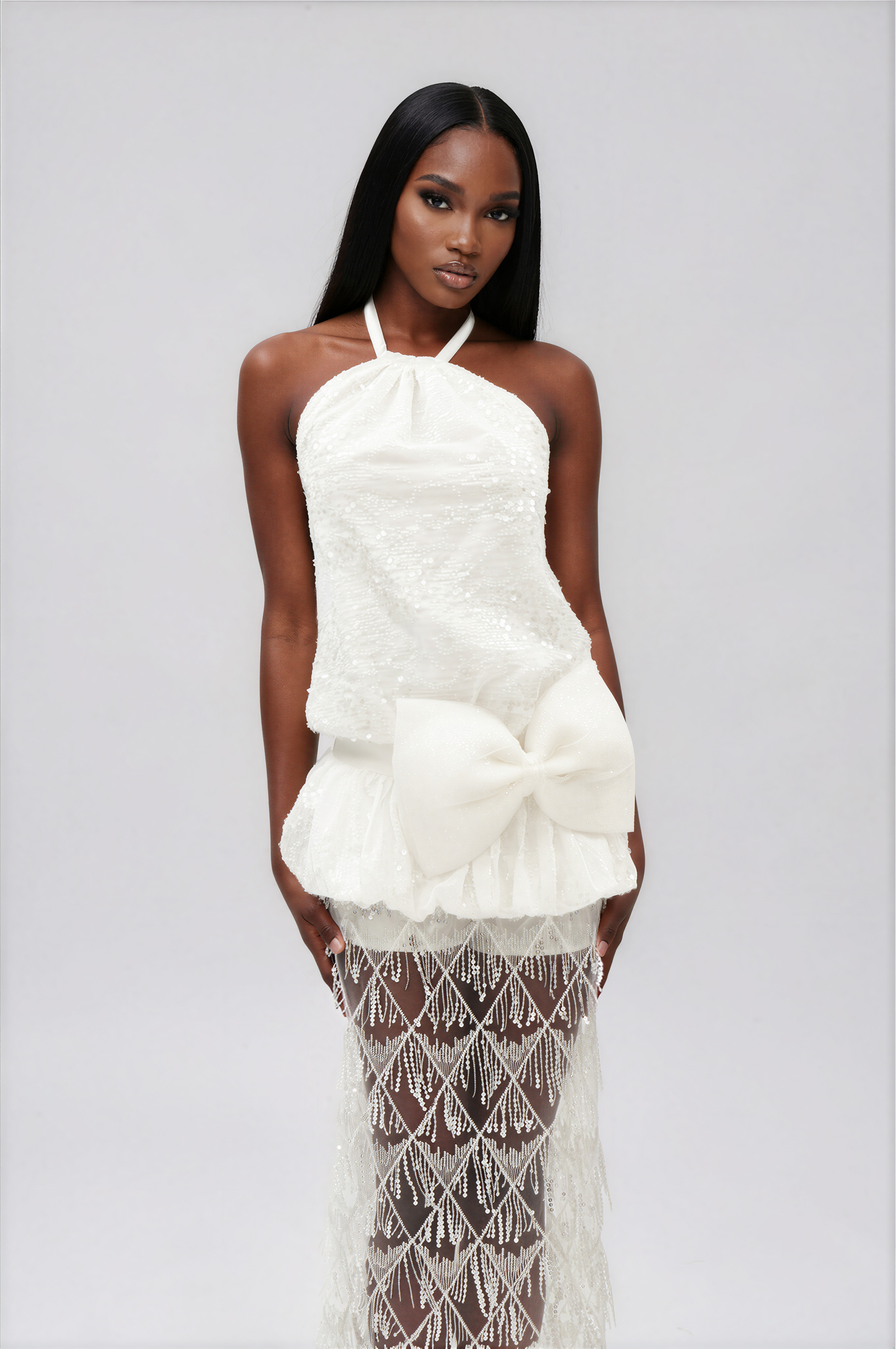 Ilargi Halter Neck Bow  Sequin Maxi Dress
