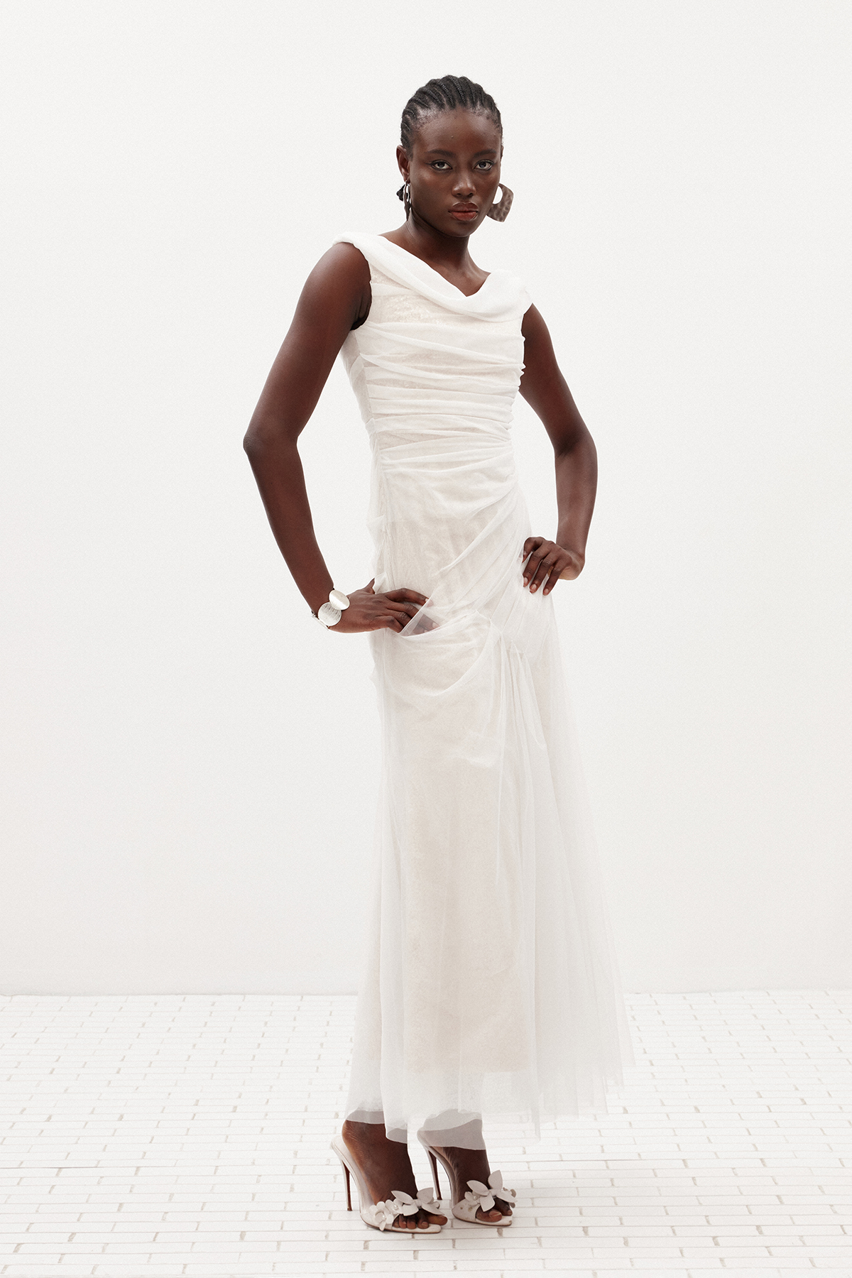 Ilario Off Shoulder Ruch Mesh Maxi Dress