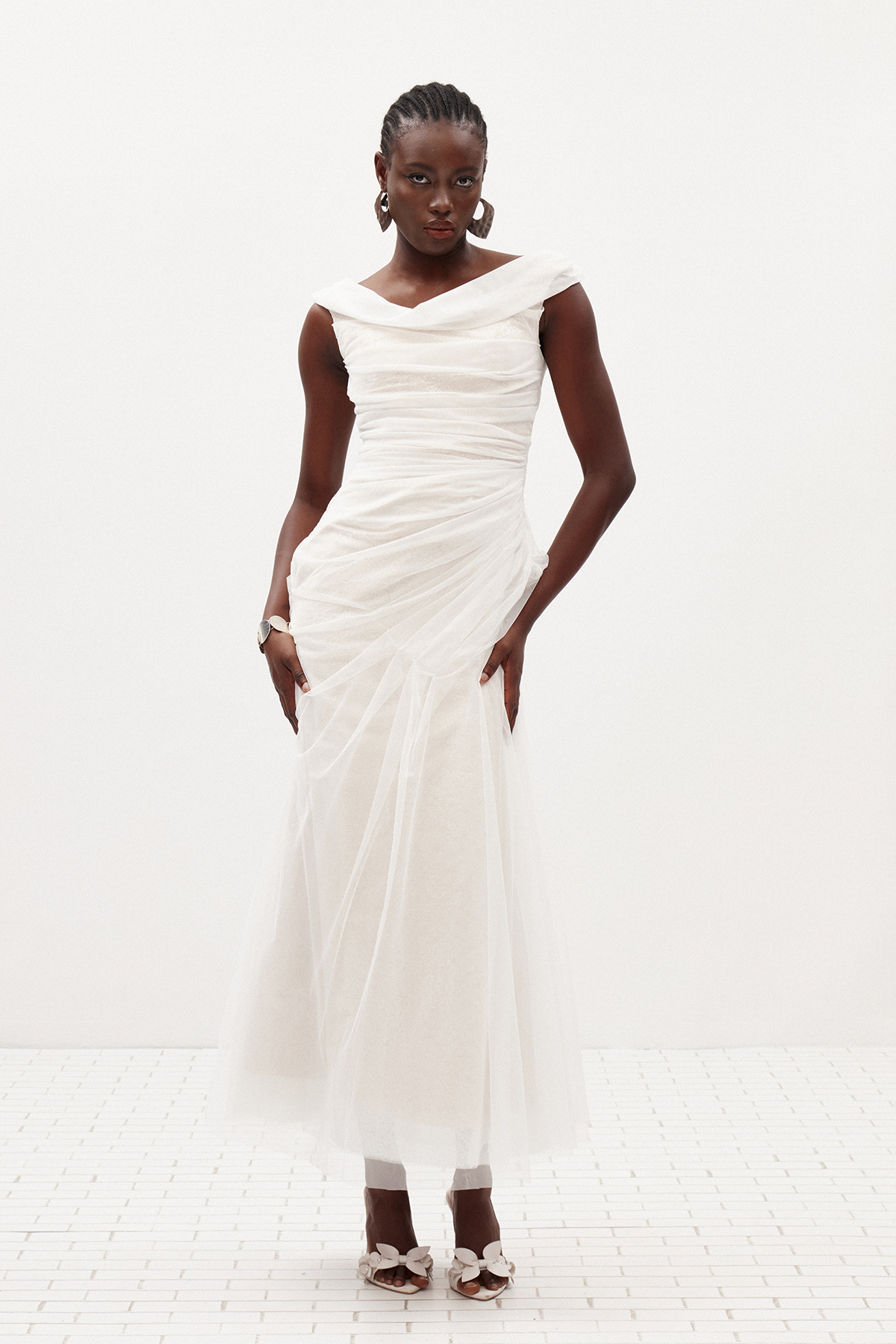 Ilario Off Shoulder Ruch Mesh Maxi Dress