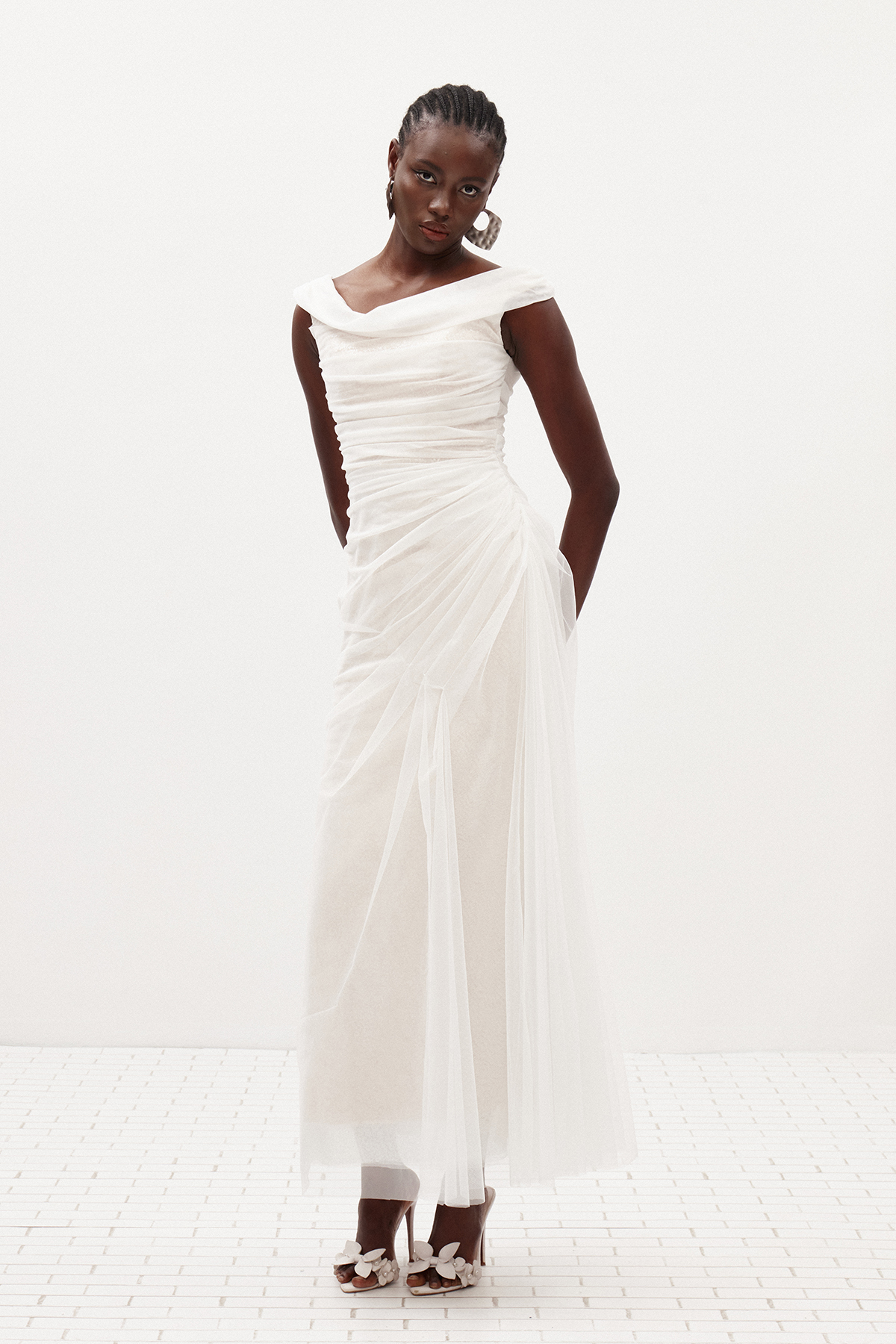 Ilario Off Shoulder Ruch Mesh Maxi Dress