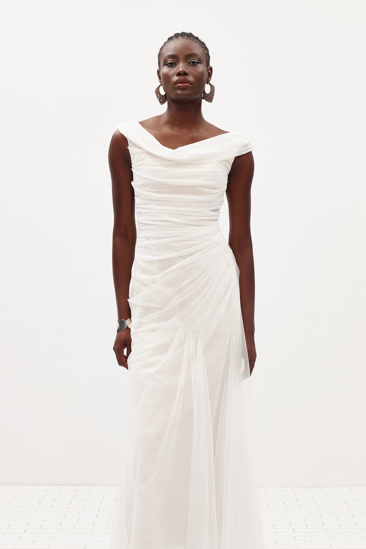 Ilario Off Shoulder Ruch Mesh Maxi Dress