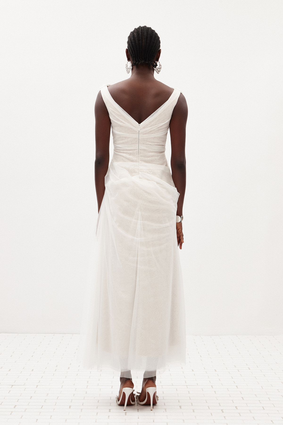 Ilario Off Shoulder Ruch Mesh Maxi Dress