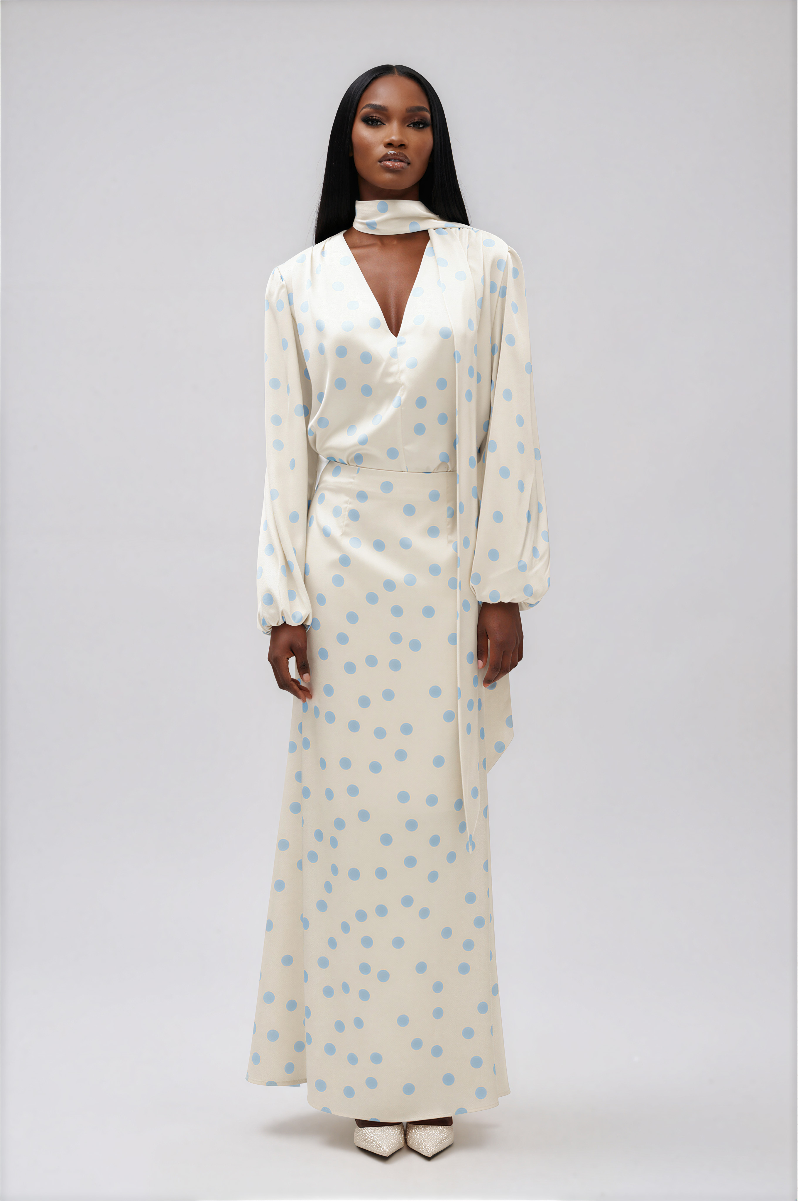 Ilarion Balloon Sleeve Dot Satin Maxi Dress