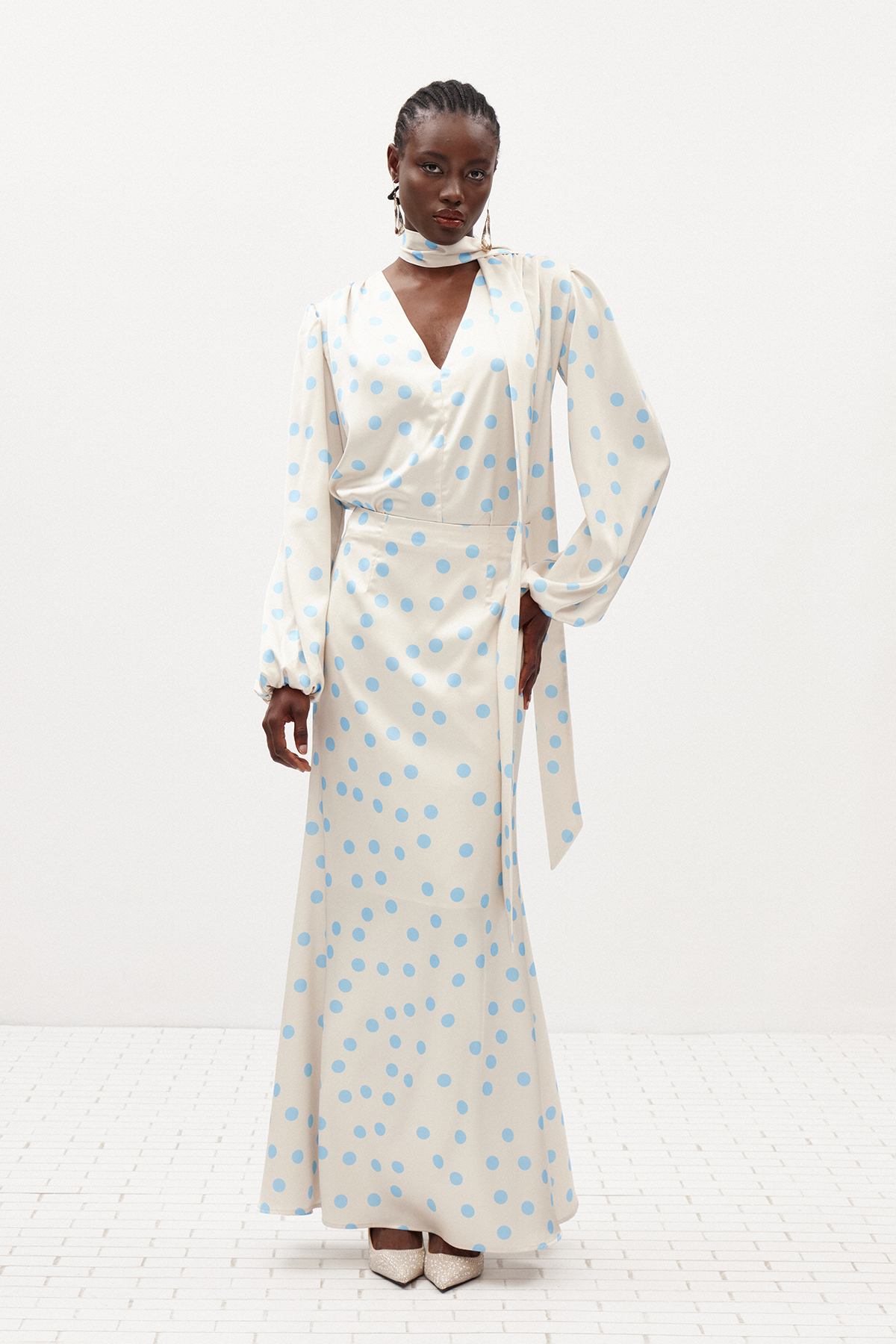 Ilarion Balloon Sleeve Dot Satin Maxi Dress