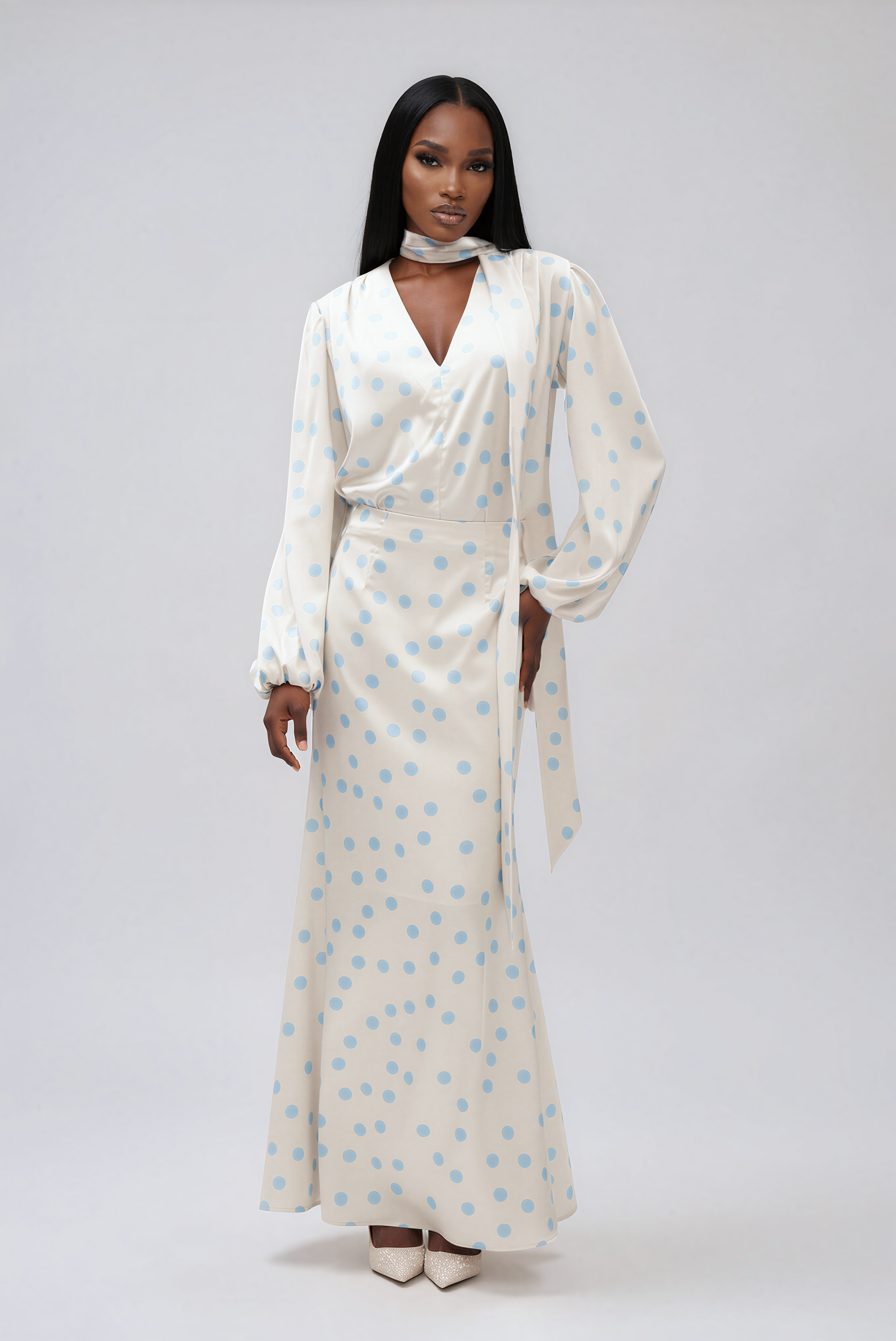 Ilarion Balloon Sleeve Dot Satin Maxi Dress