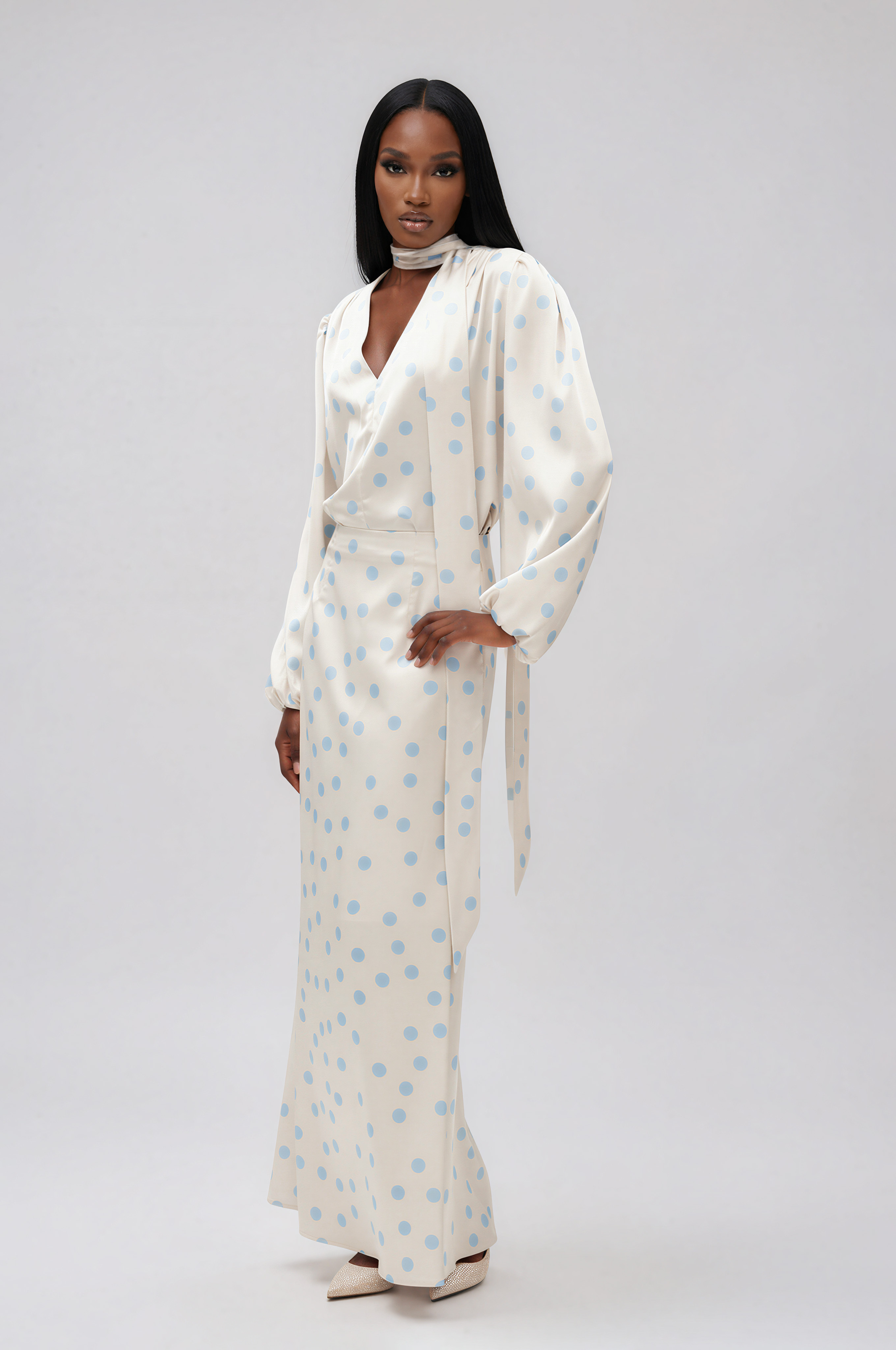 Ilarion Balloon Sleeve Dot Satin Maxi Dress