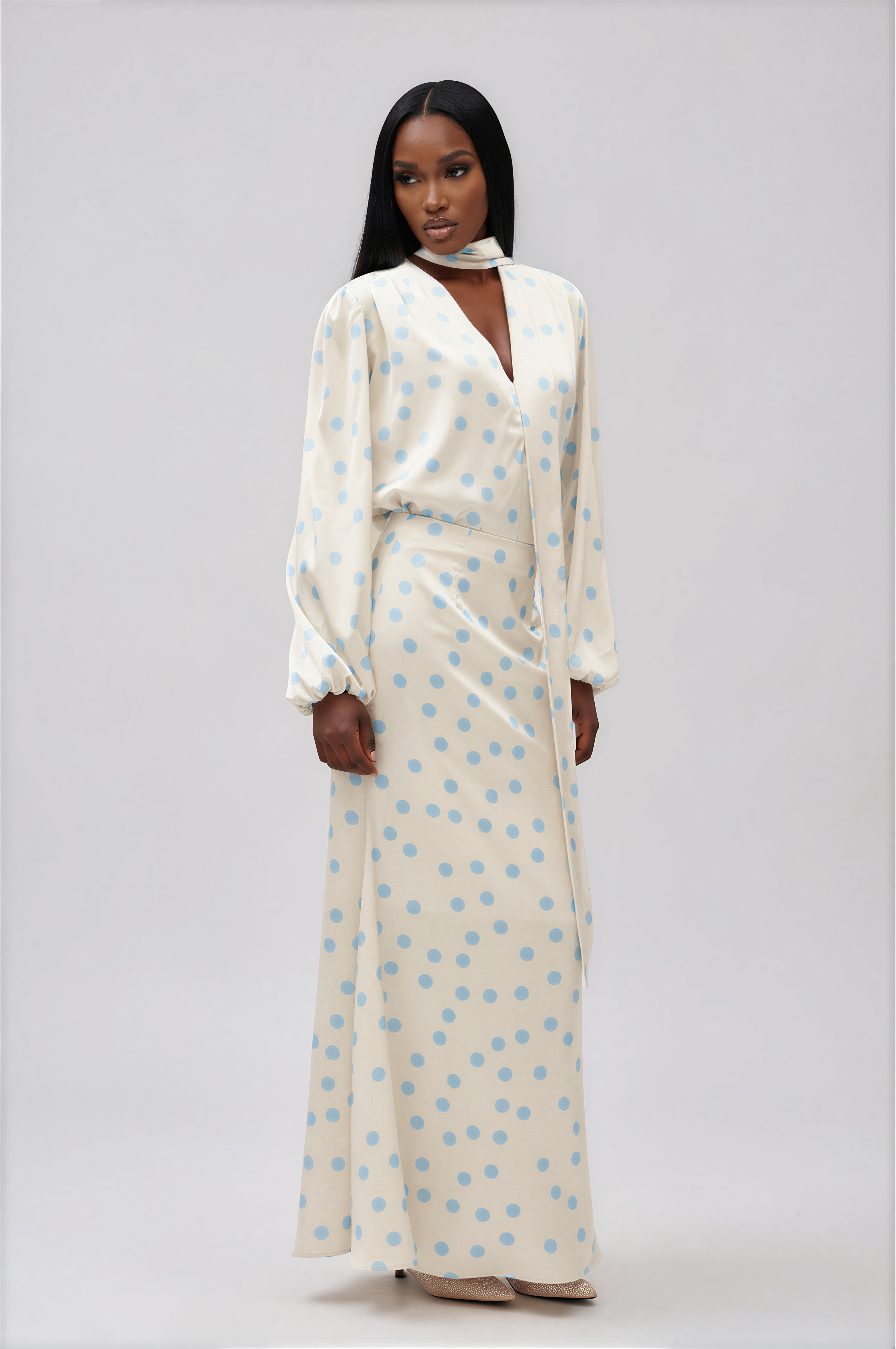 Ilarion Balloon Sleeve Dot Satin Maxi Dress