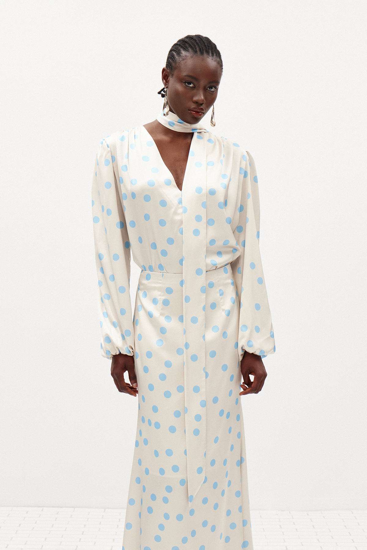 Ilarion Balloon Sleeve Dot Satin Maxi Dress