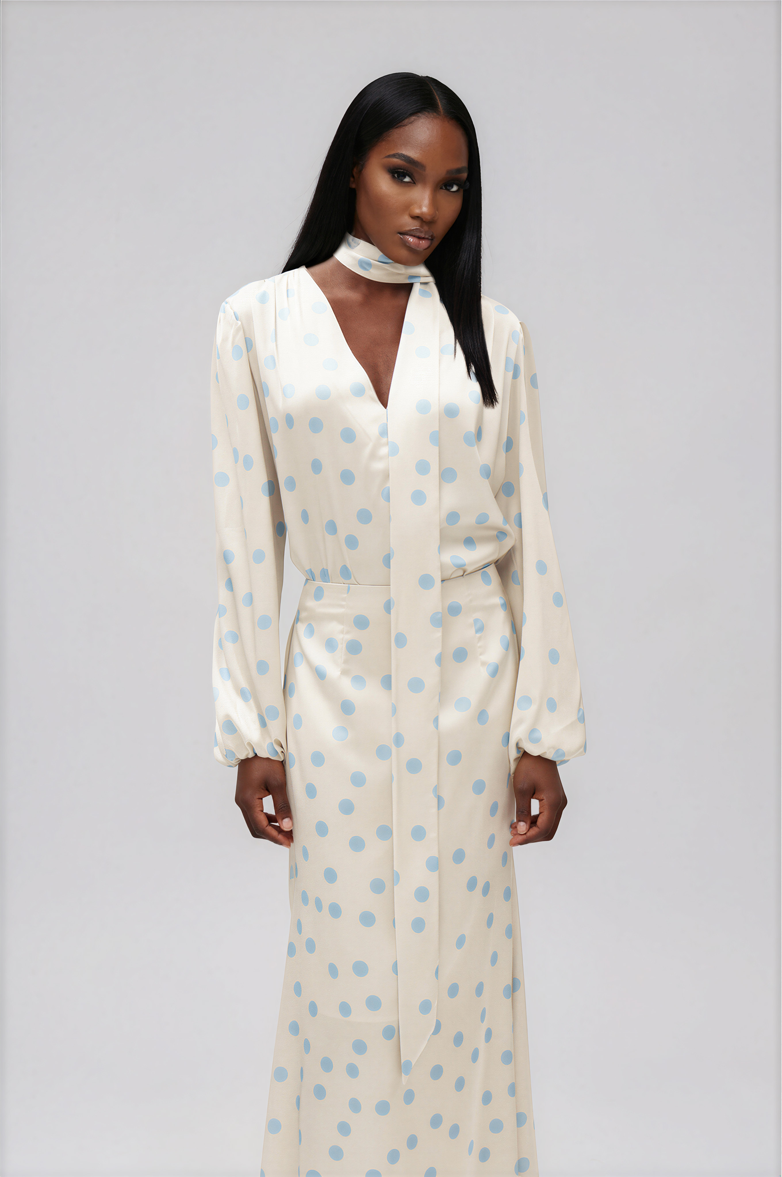 Ilarion Balloon Sleeve Dot Satin Maxi Dress