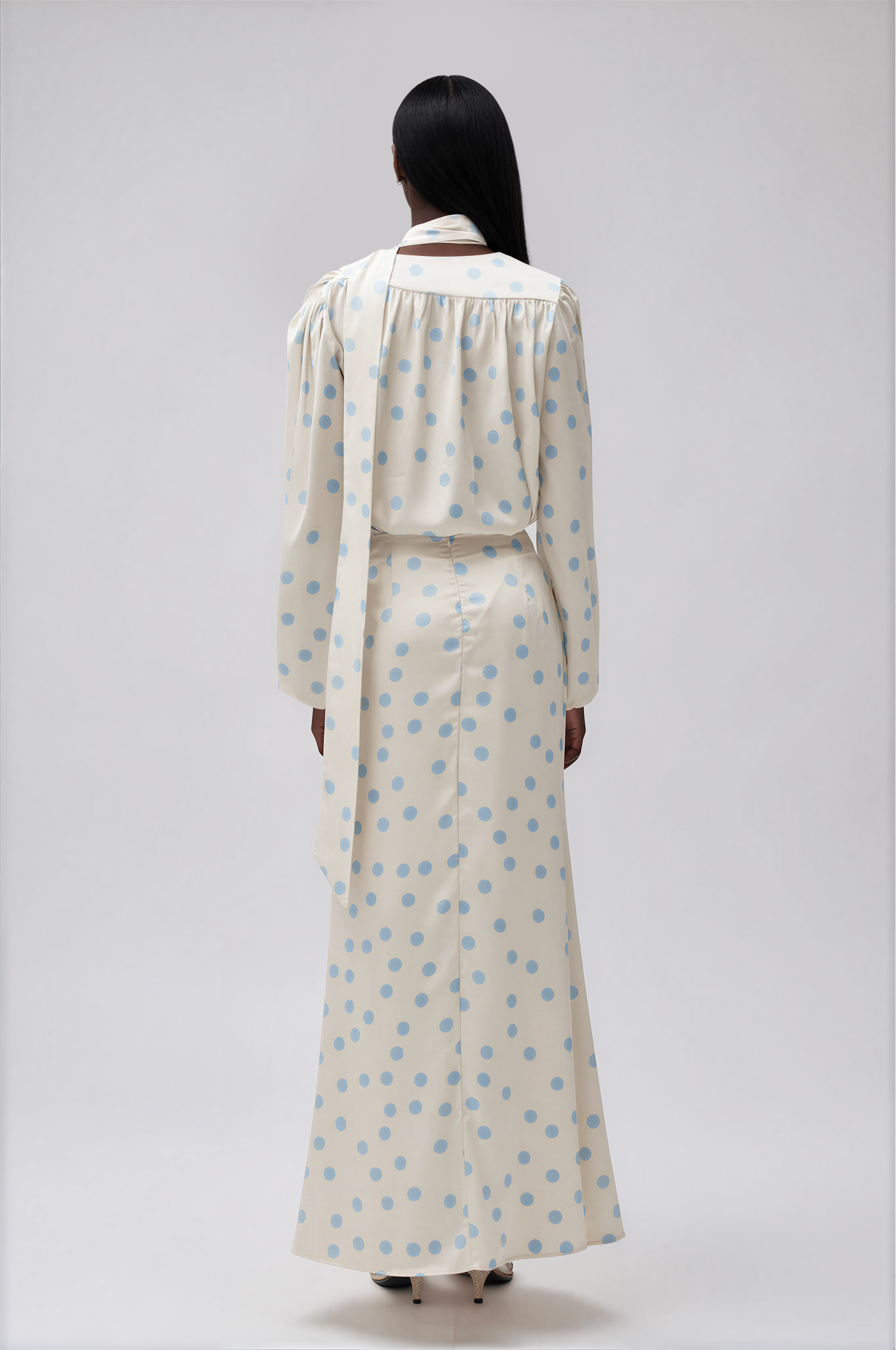 Ilarion Balloon Sleeve Dot Satin Maxi Dress