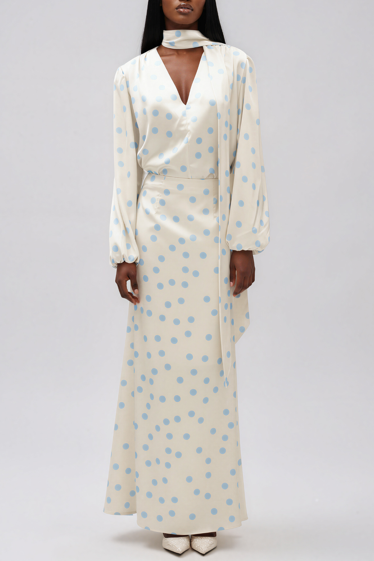 Ilarion Balloon Sleeve Dot Satin Maxi Dress