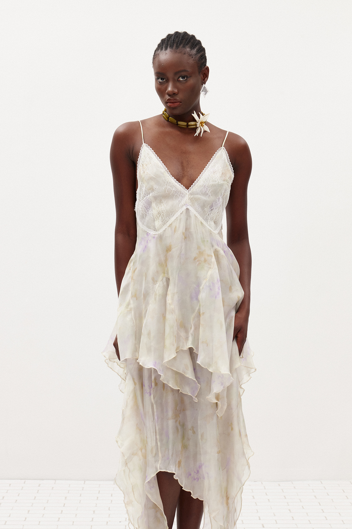 Ilary Spaghetti Asymmetric Ruffle Midi Dress
