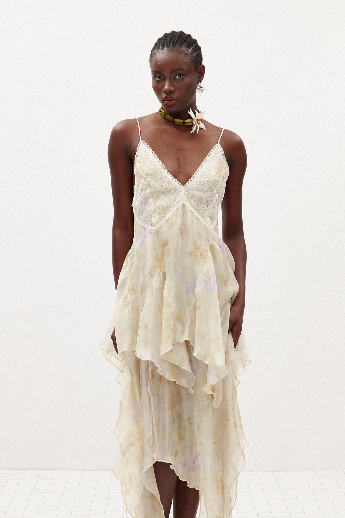 Ilary Spaghetti Asymmetric Ruffle Midi Dress