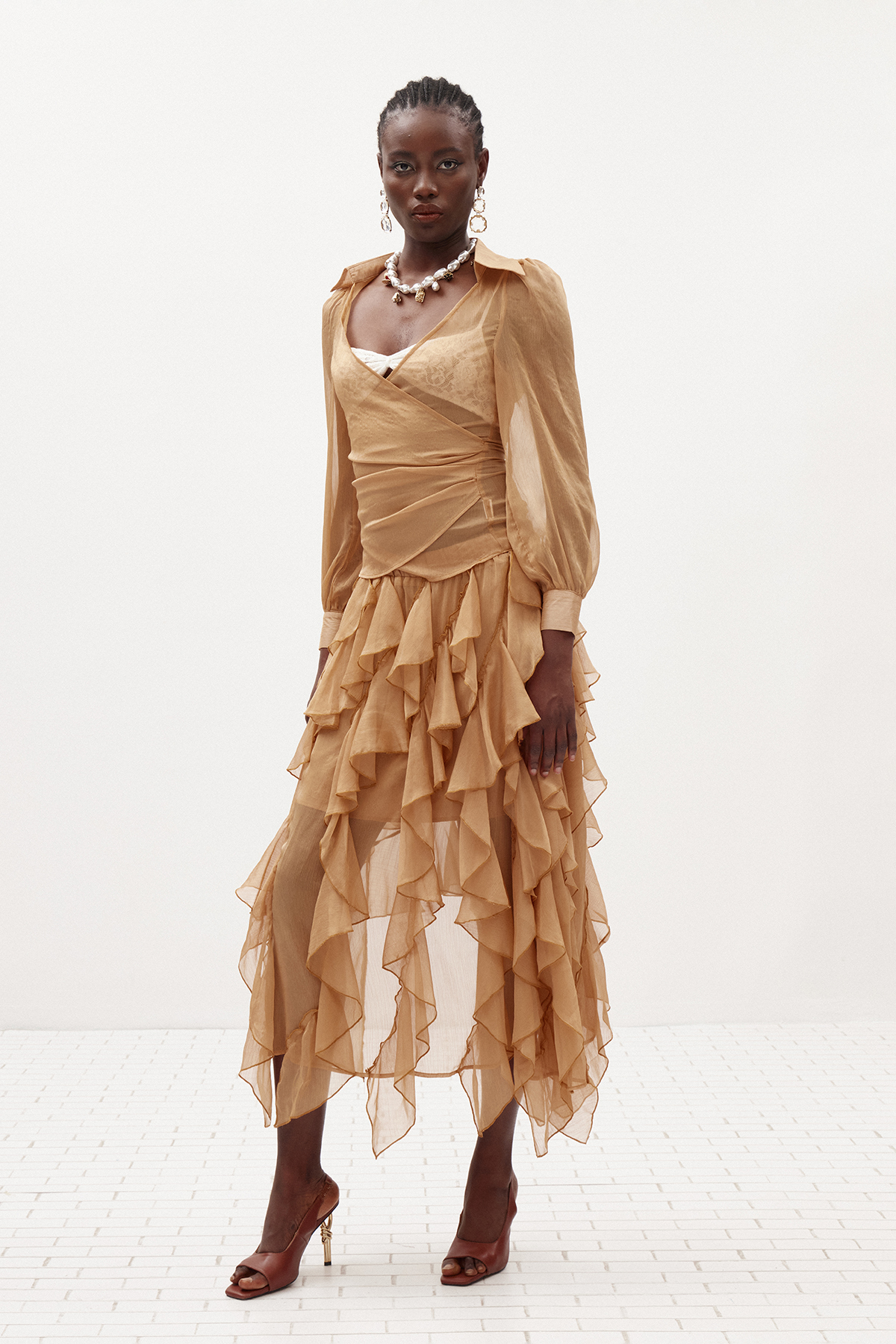 Ilham Asymmetric Ruffle Mesh Skirt Set