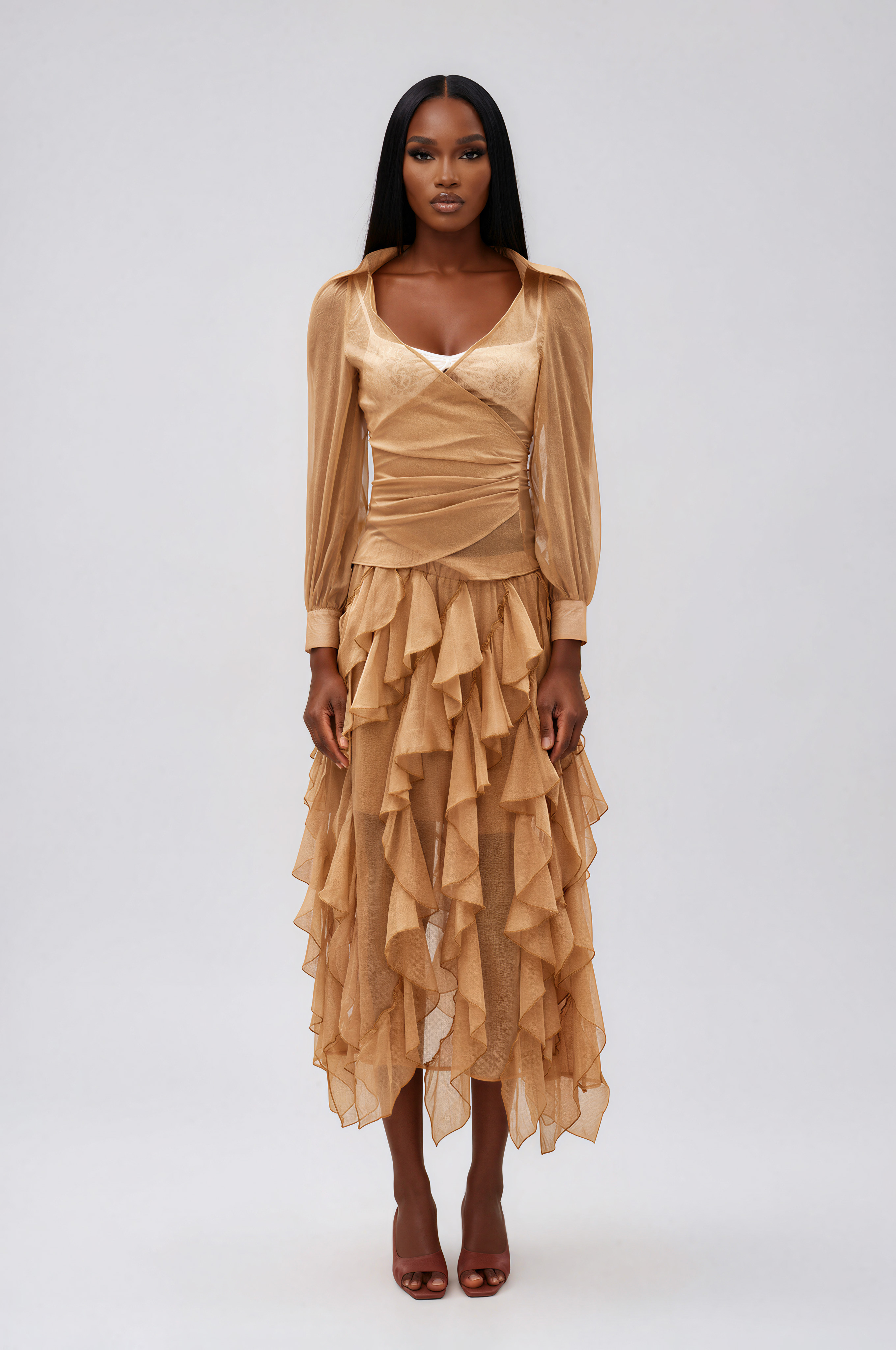 Ilham Asymmetric Ruffle Mesh Skirt Set
