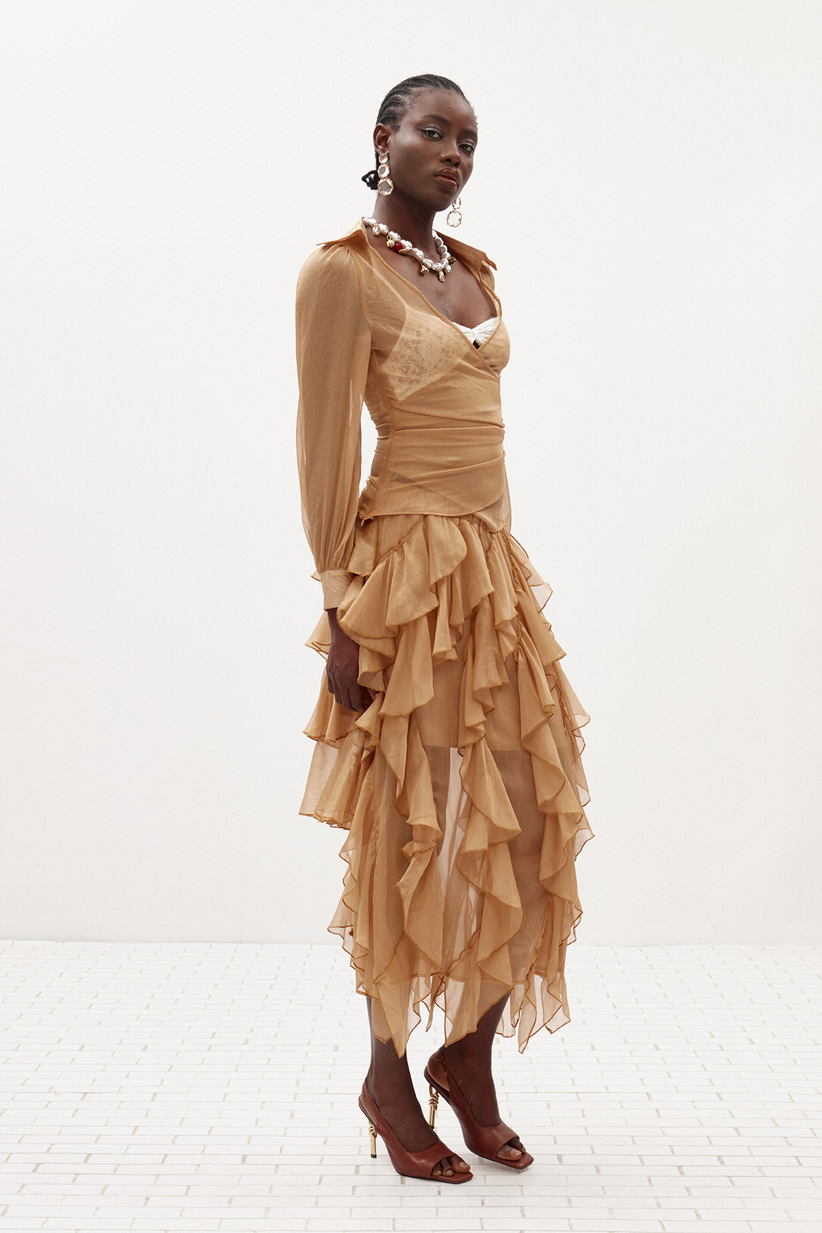 Ilham Asymmetric Ruffle Mesh Skirt Set