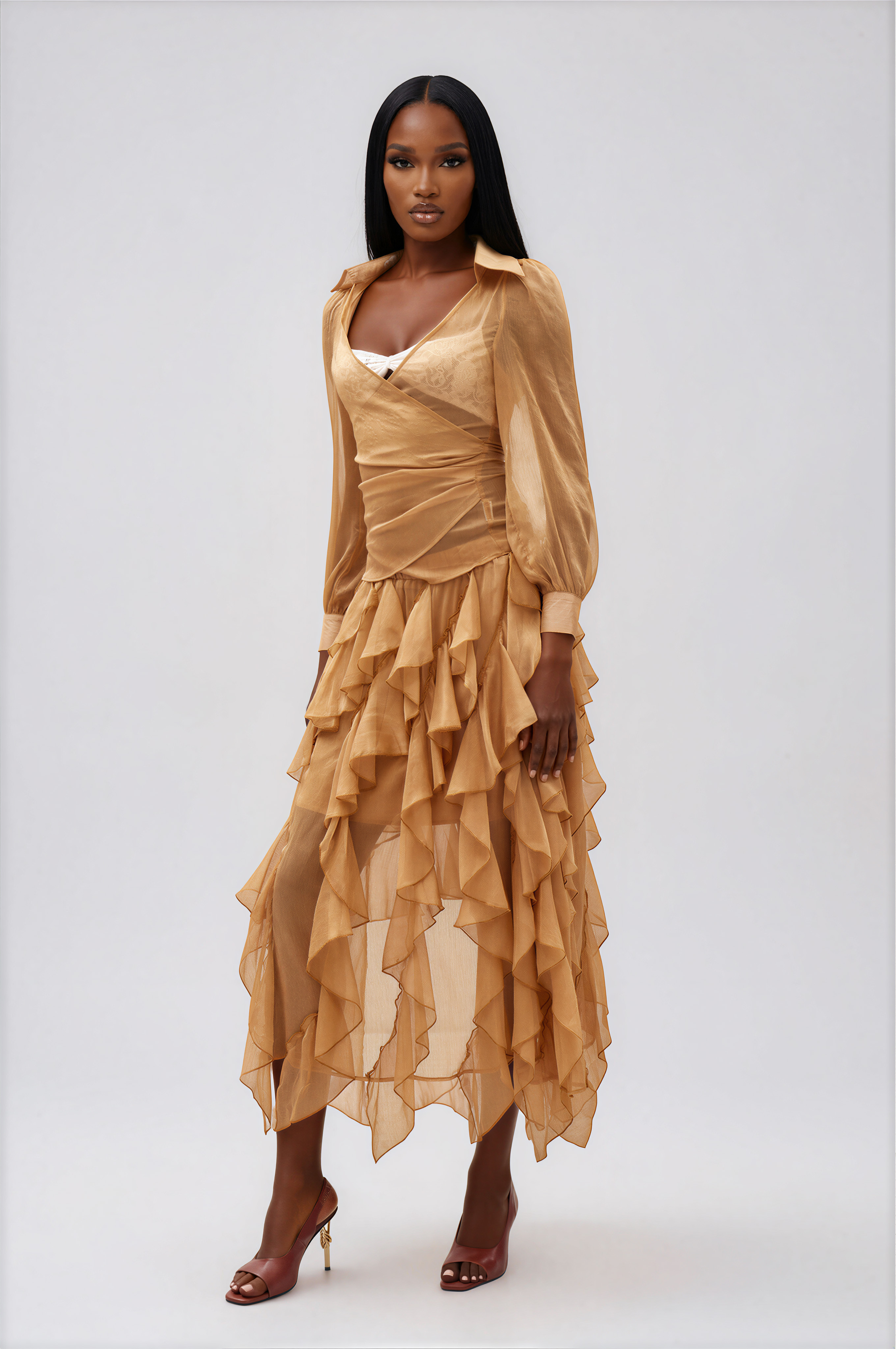 Ilham Asymmetric Ruffle Mesh Skirt Set