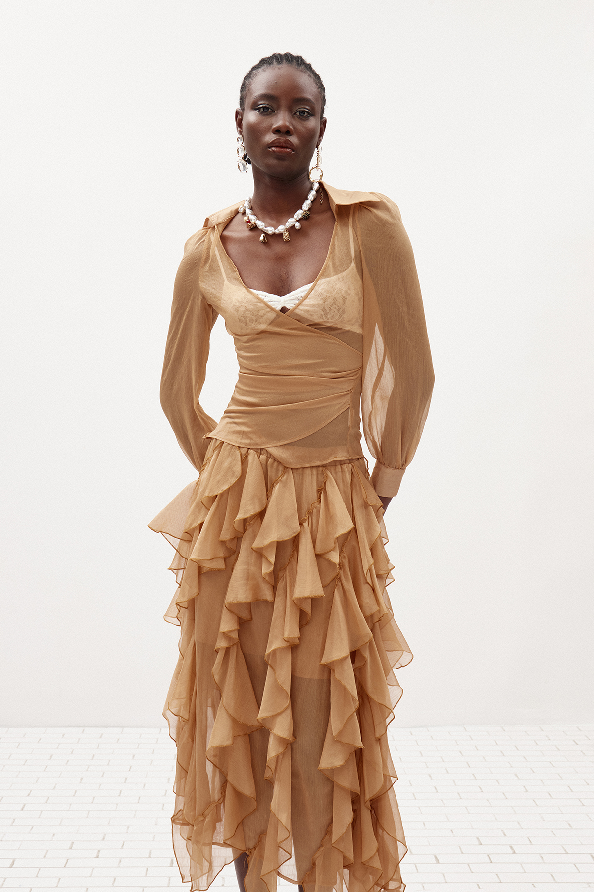 Ilham Asymmetric Ruffle Mesh Skirt Set