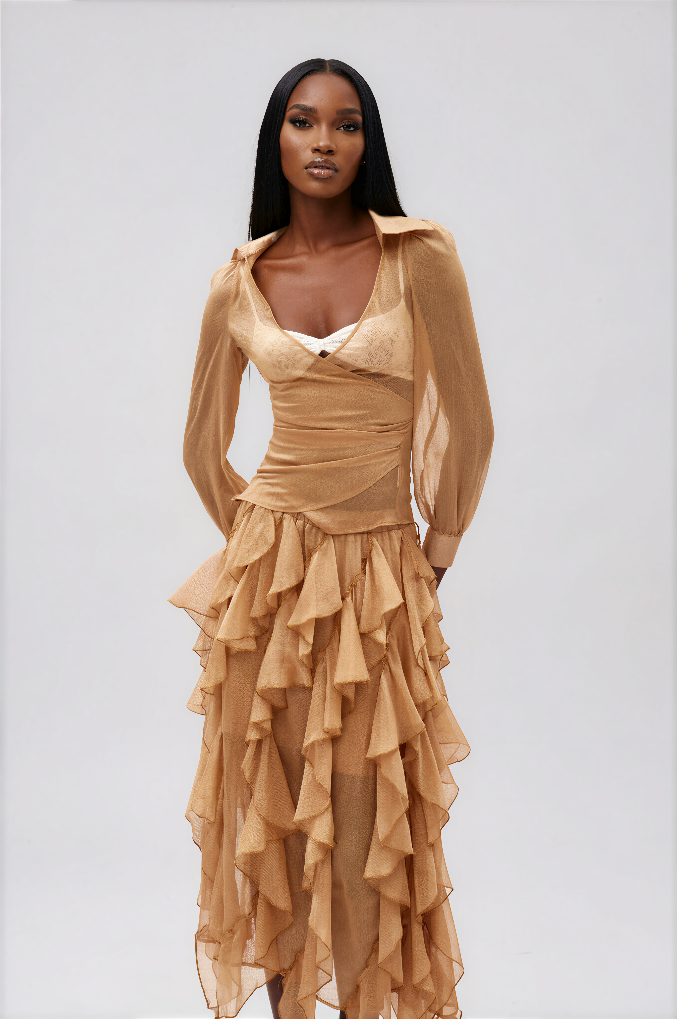 Ilham Asymmetric Ruffle Mesh Skirt Set