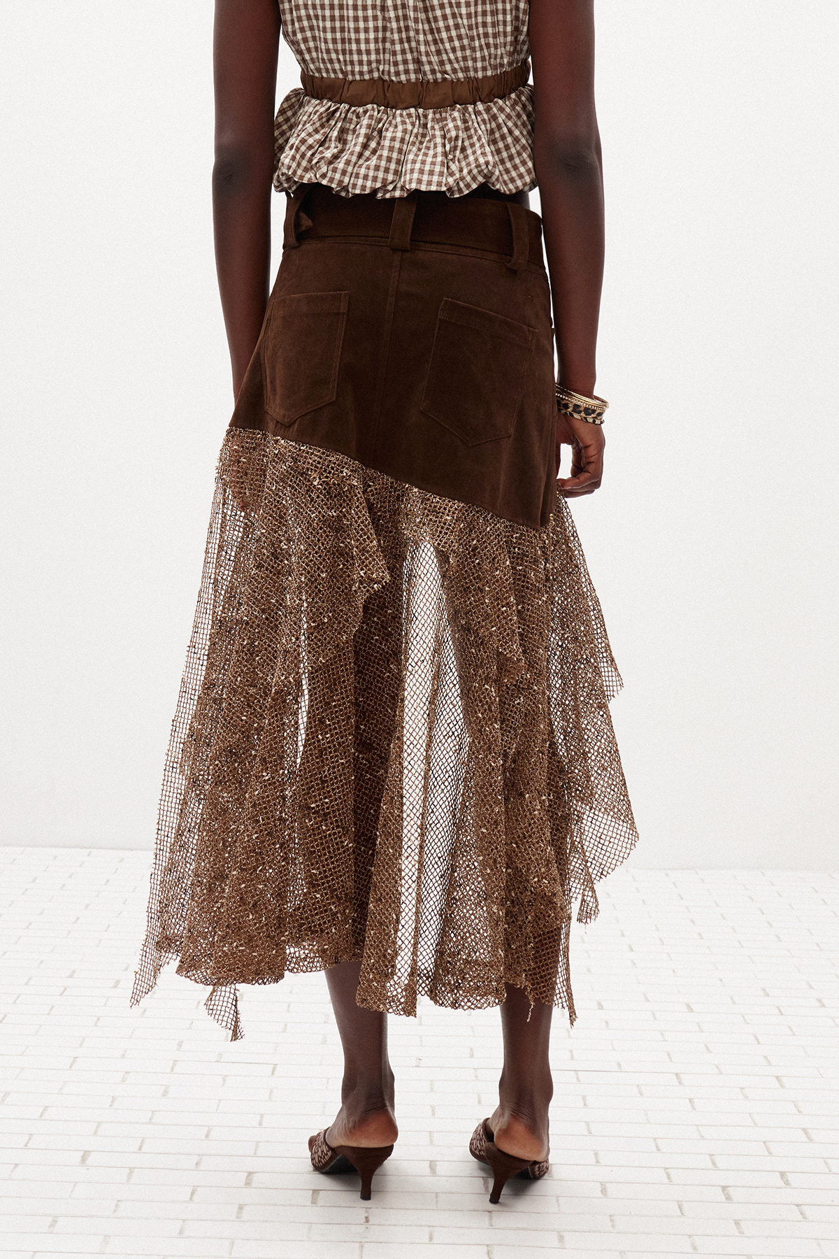 Ilina Ruffle Rhinestone Mesh Mini Skirt
