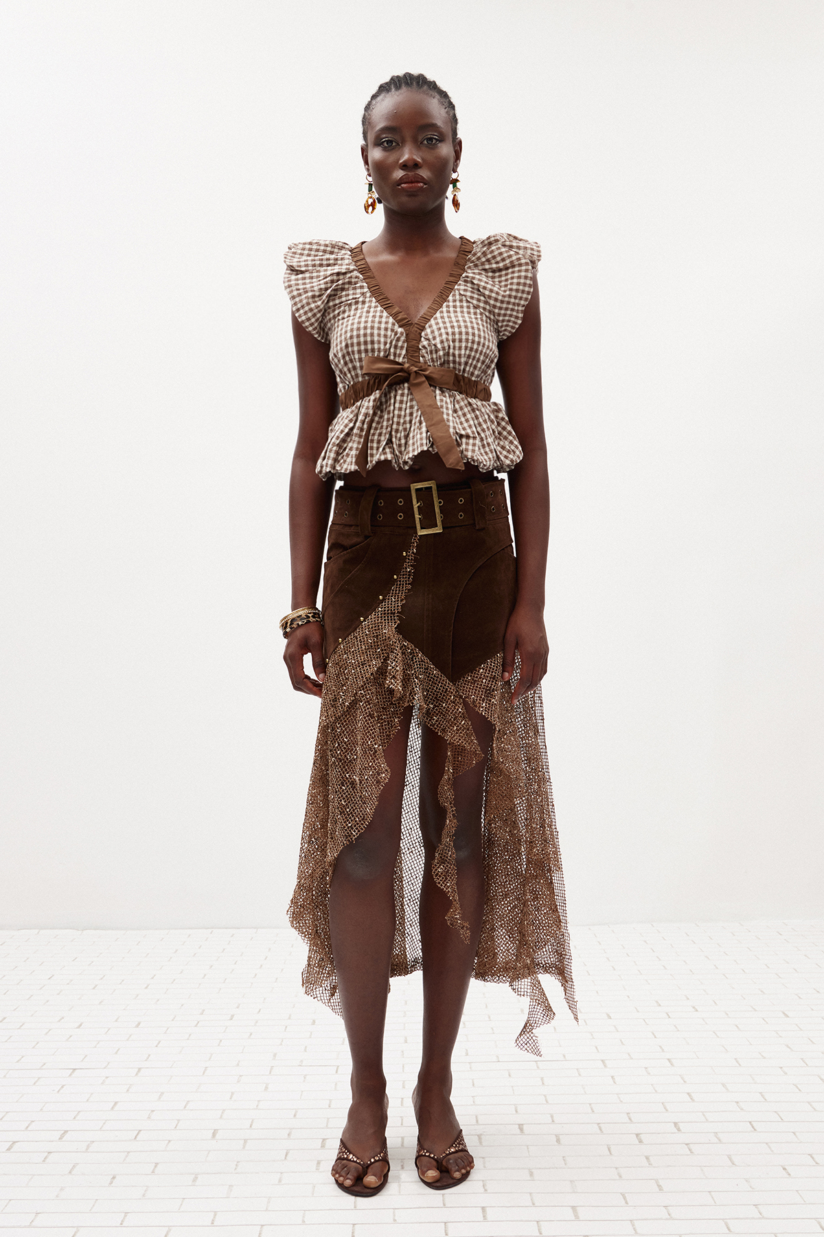 Ilina Ruffle Rhinestone Mesh Mini Skirt