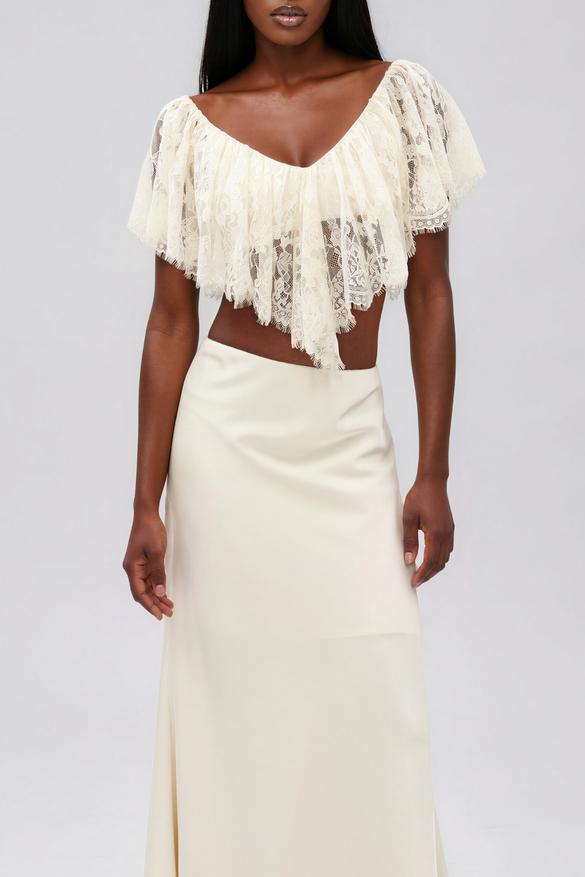 Ilme V Neck Lace Ruffle Top