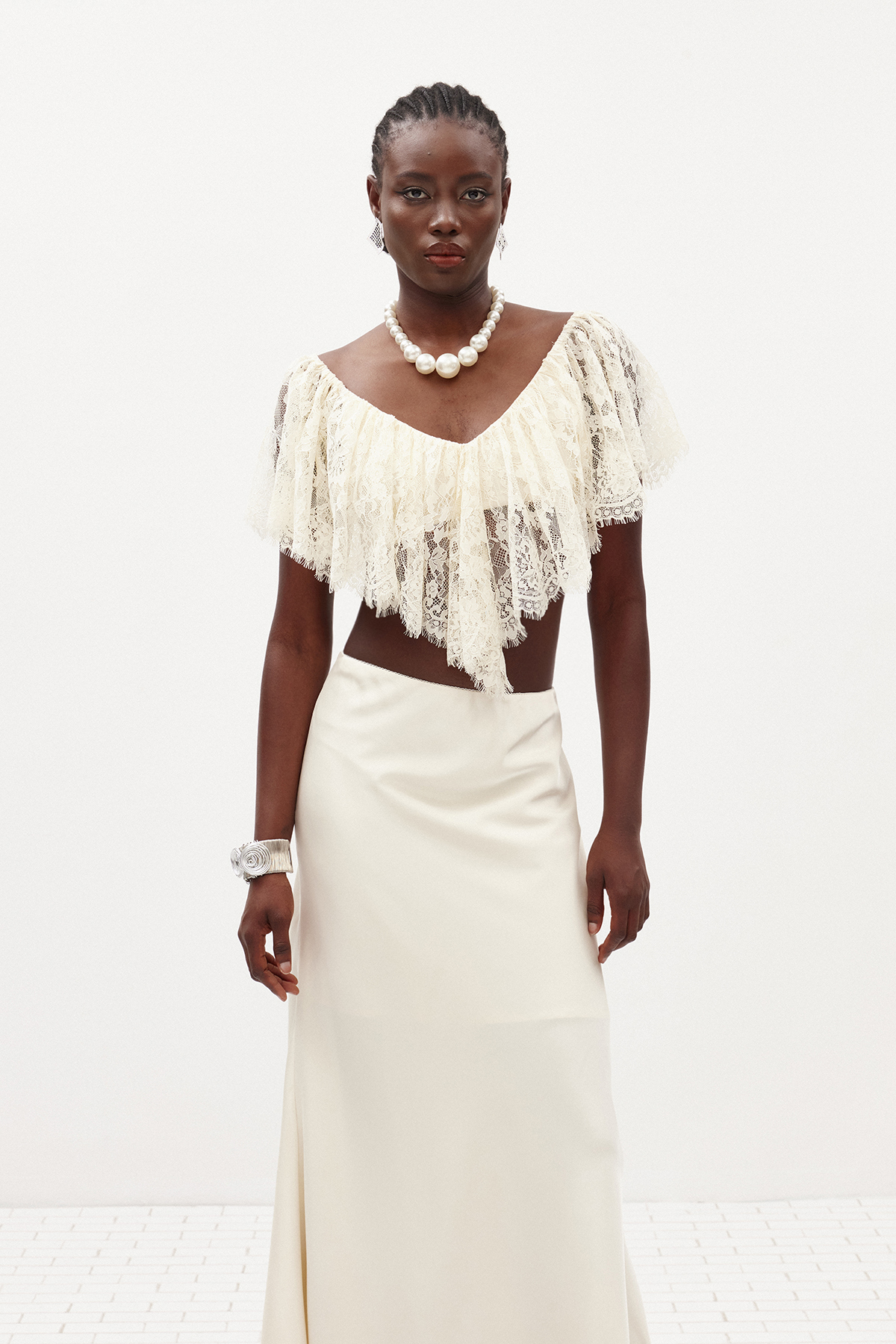 Ilme V Neck Lace Ruffle Top