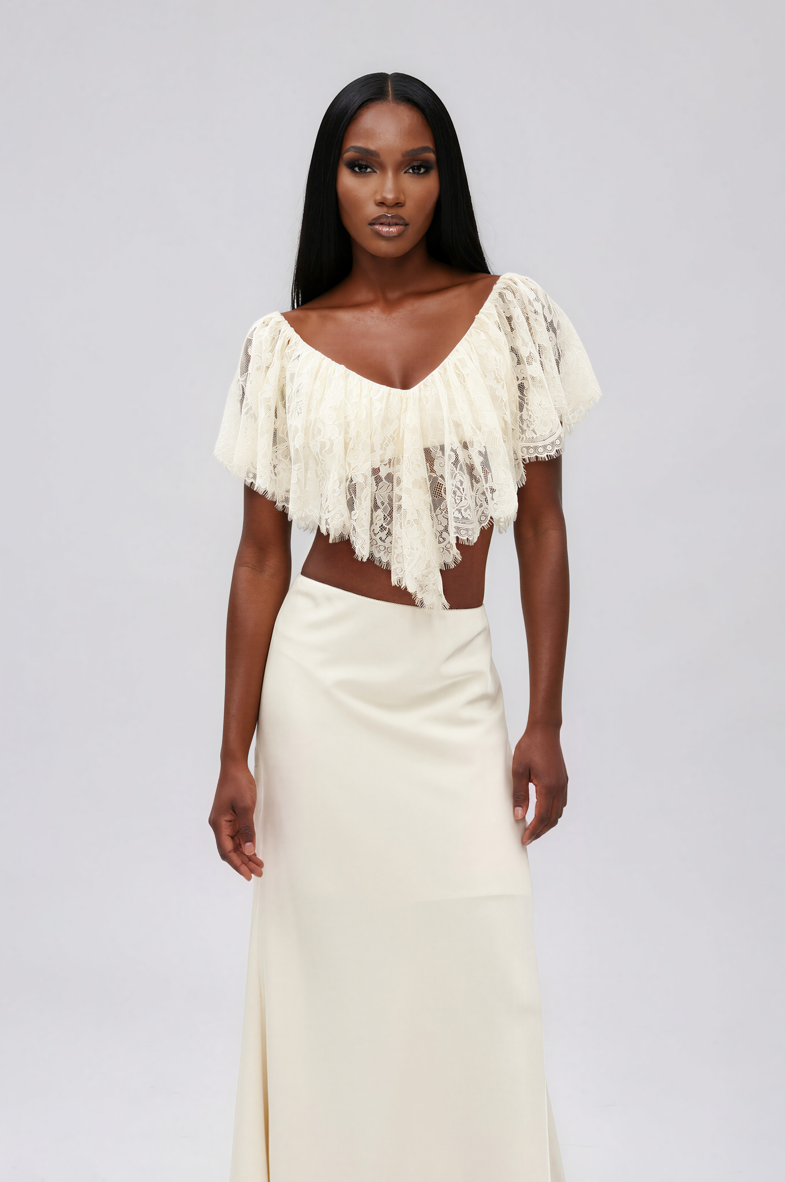 Ilme V Neck Lace Ruffle Top