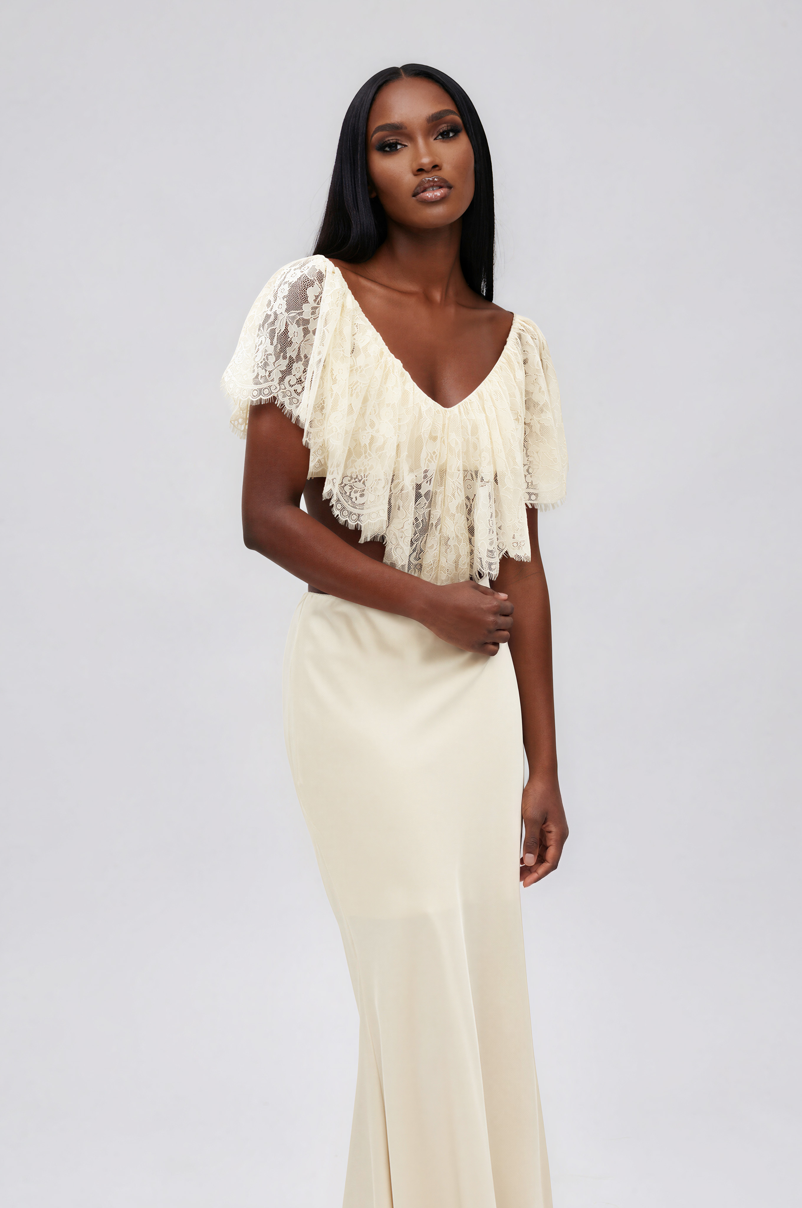 Ilme V Neck Lace Ruffle Top