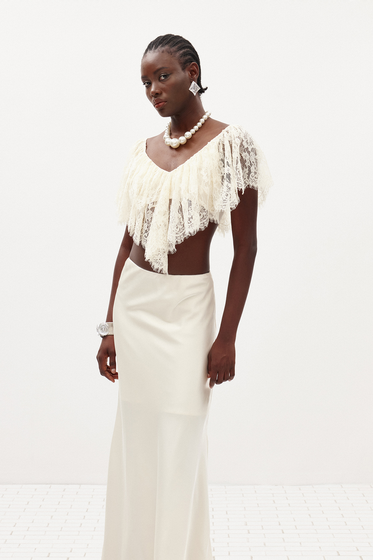 Ilme V Neck Lace Ruffle Top