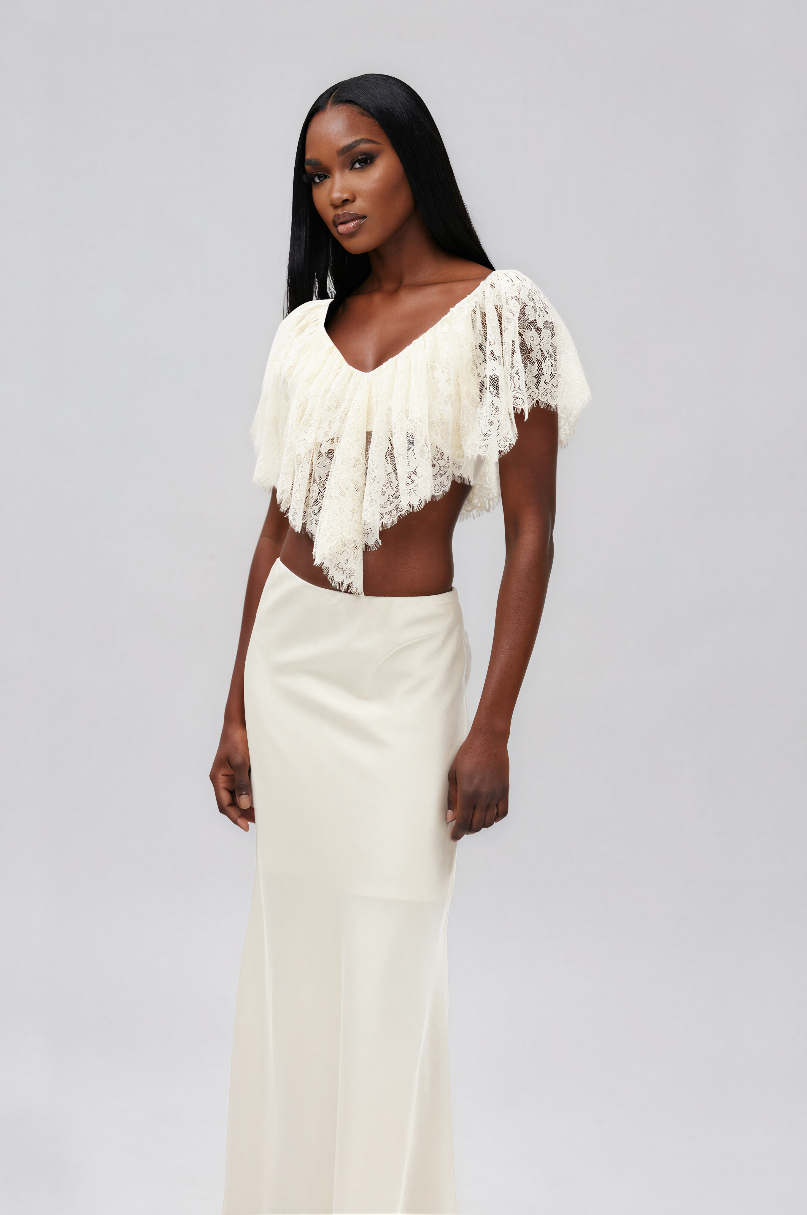 Ilme V Neck Lace Ruffle Top
