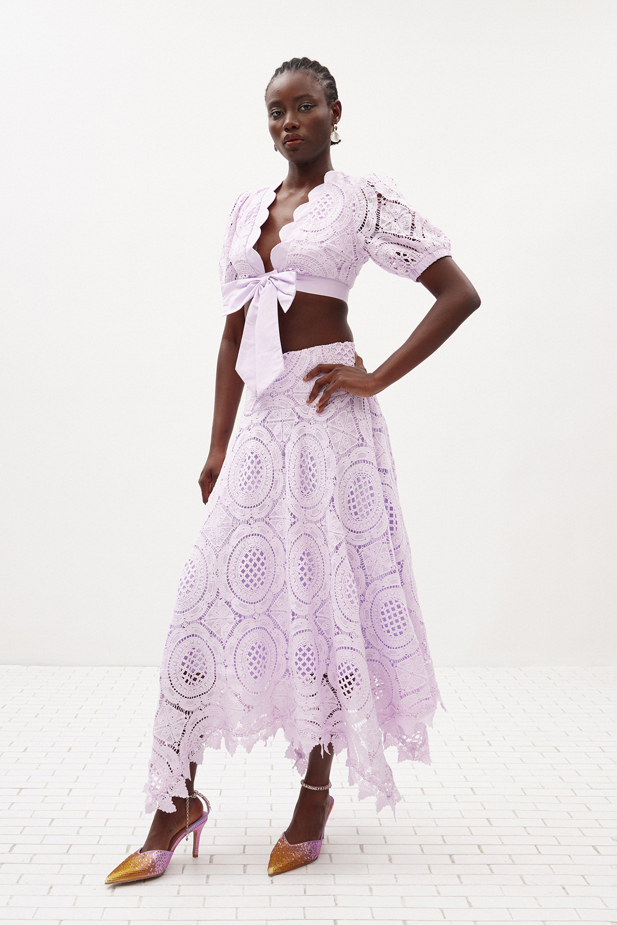 Ilshat Plunge Bow Lace Skirt Set
