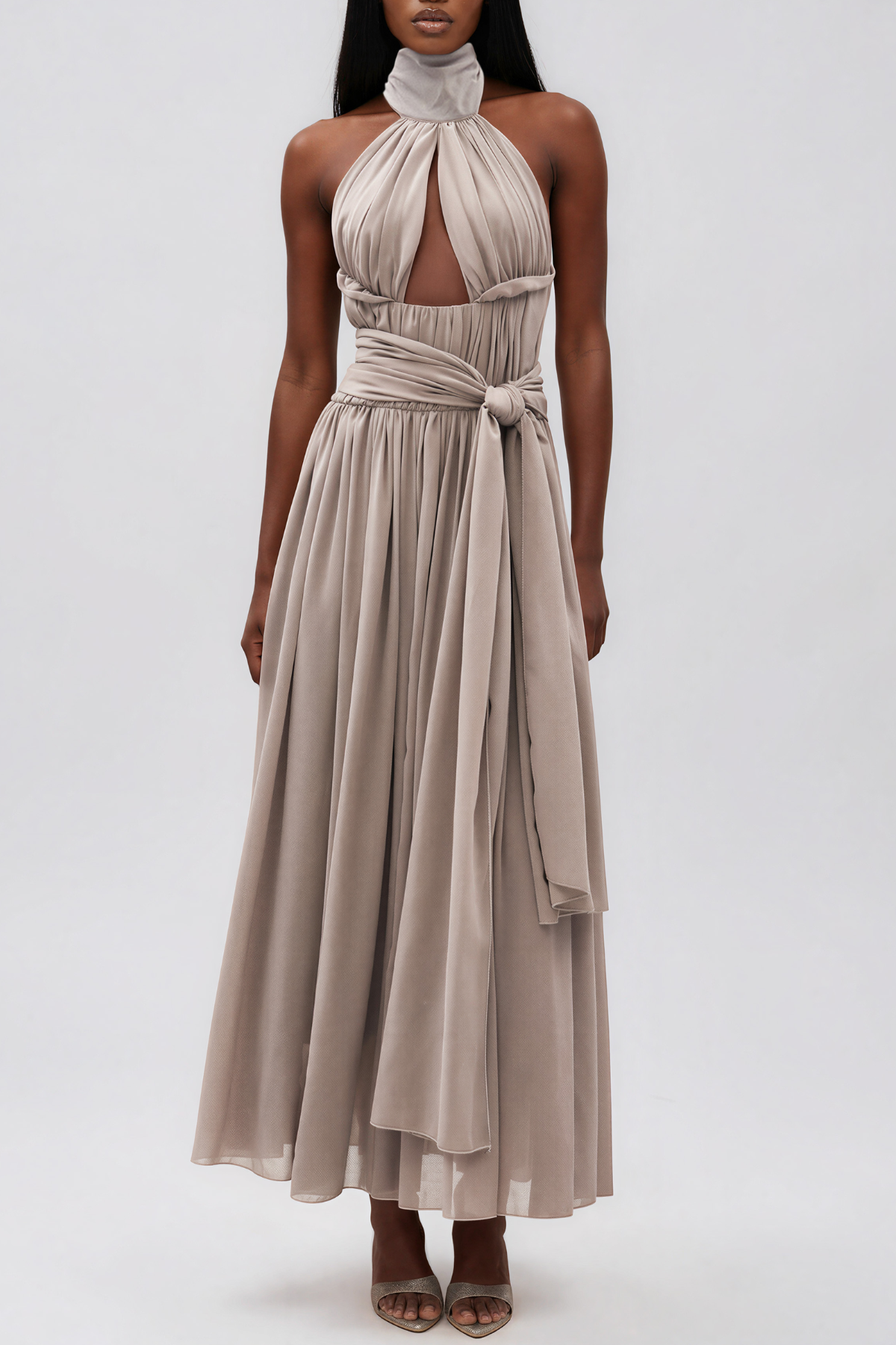 Ilu Halter Neck Tie Up Ruch Maxi Dress