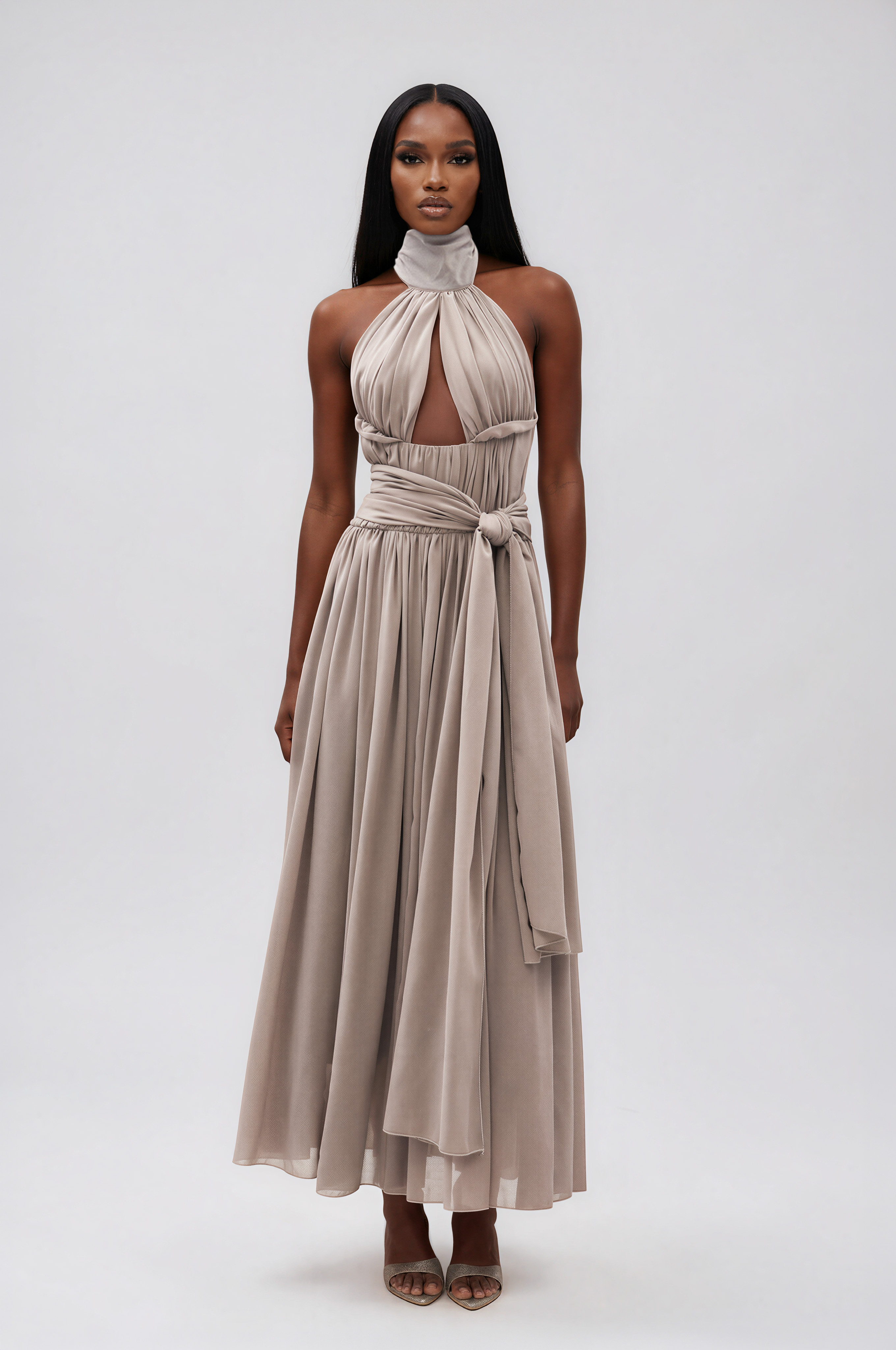 Ilu Halter Neck Tie Up Ruch Maxi Dress