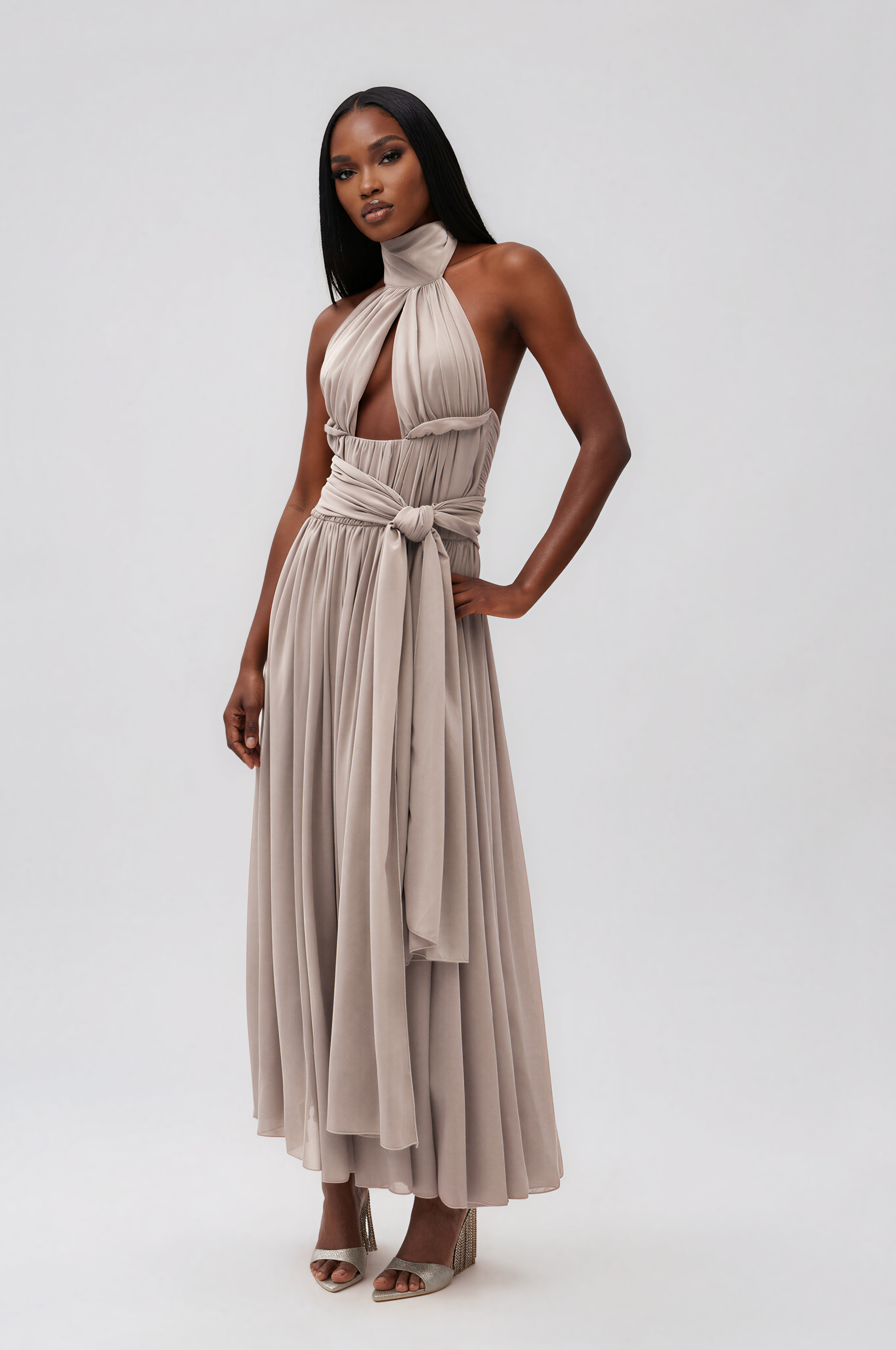 Ilu Halter Neck Tie Up Ruch Maxi Dress