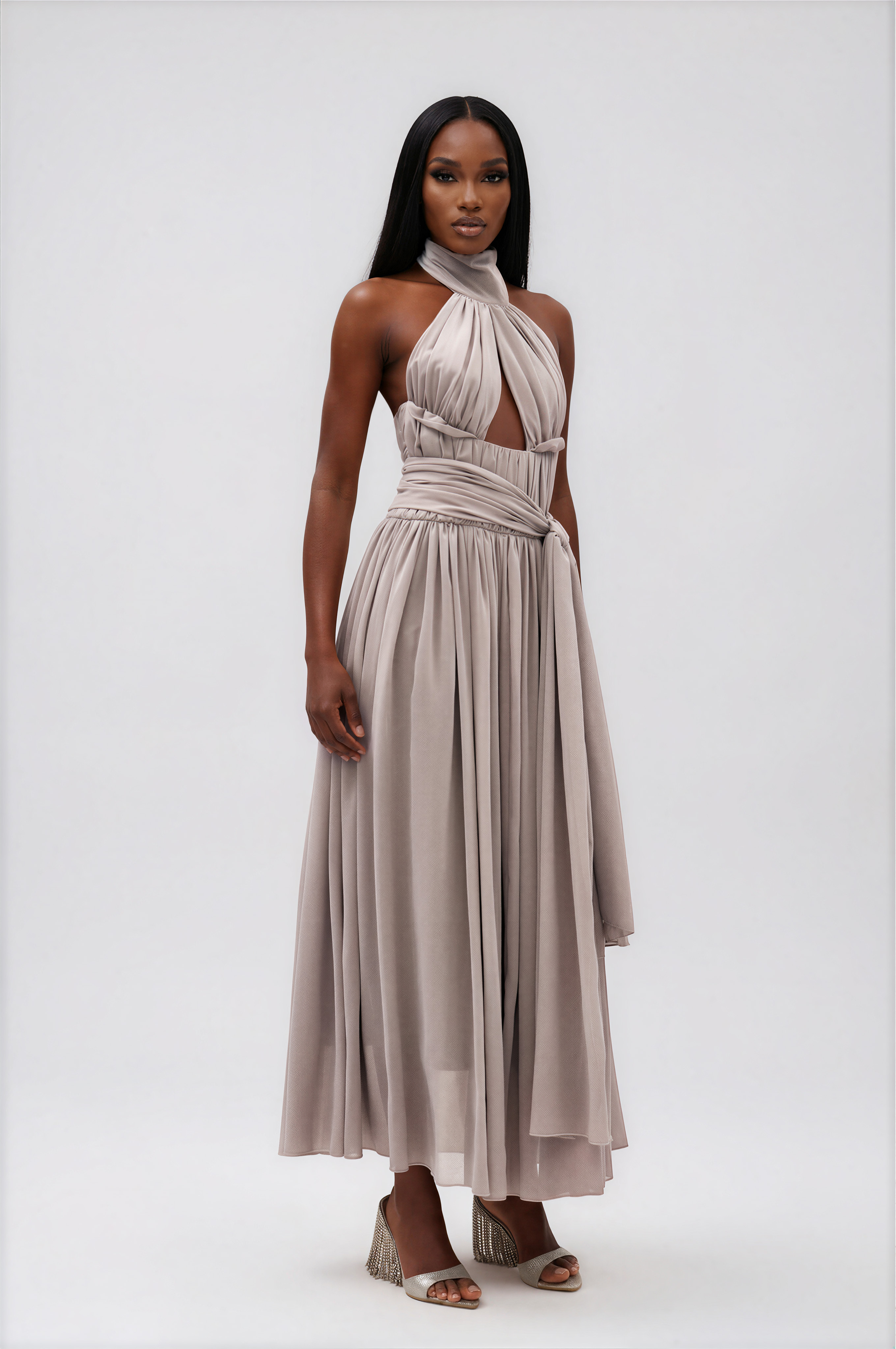 Ilu Halter Neck Tie Up Ruch Maxi Dress