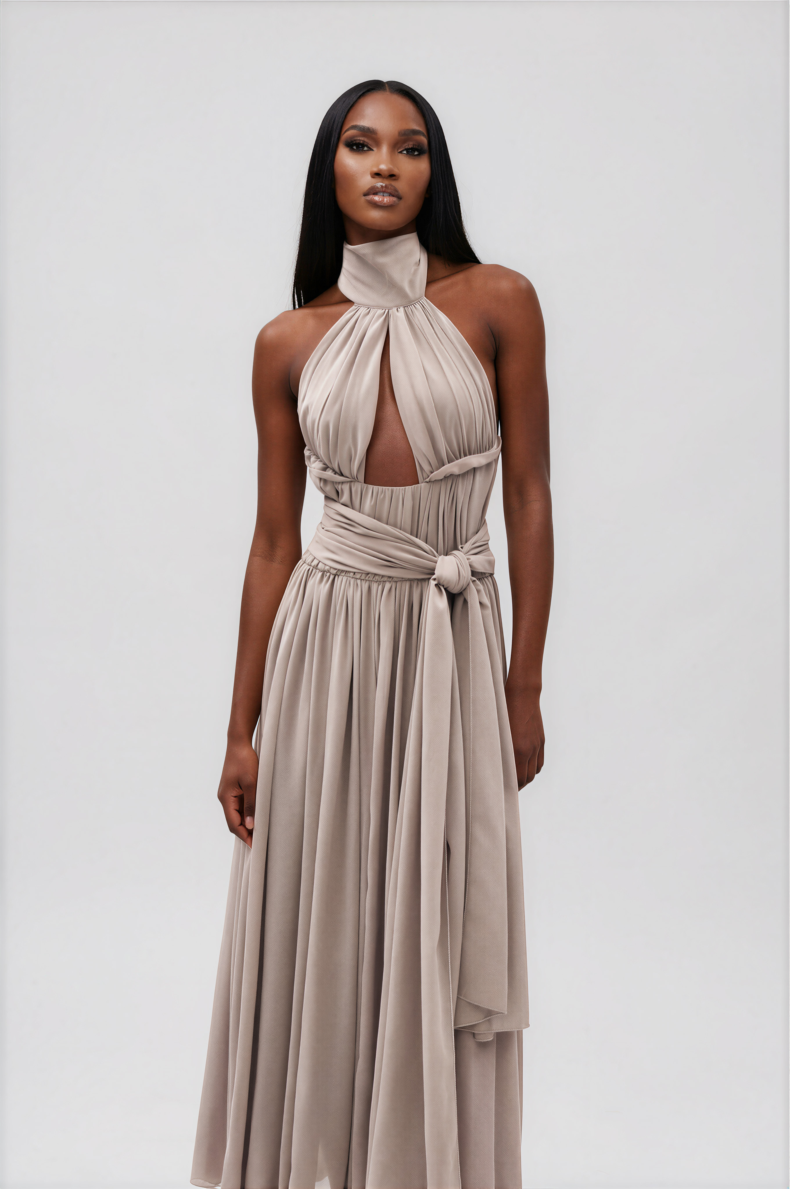 Ilu Halter Neck Tie Up Ruch Maxi Dress