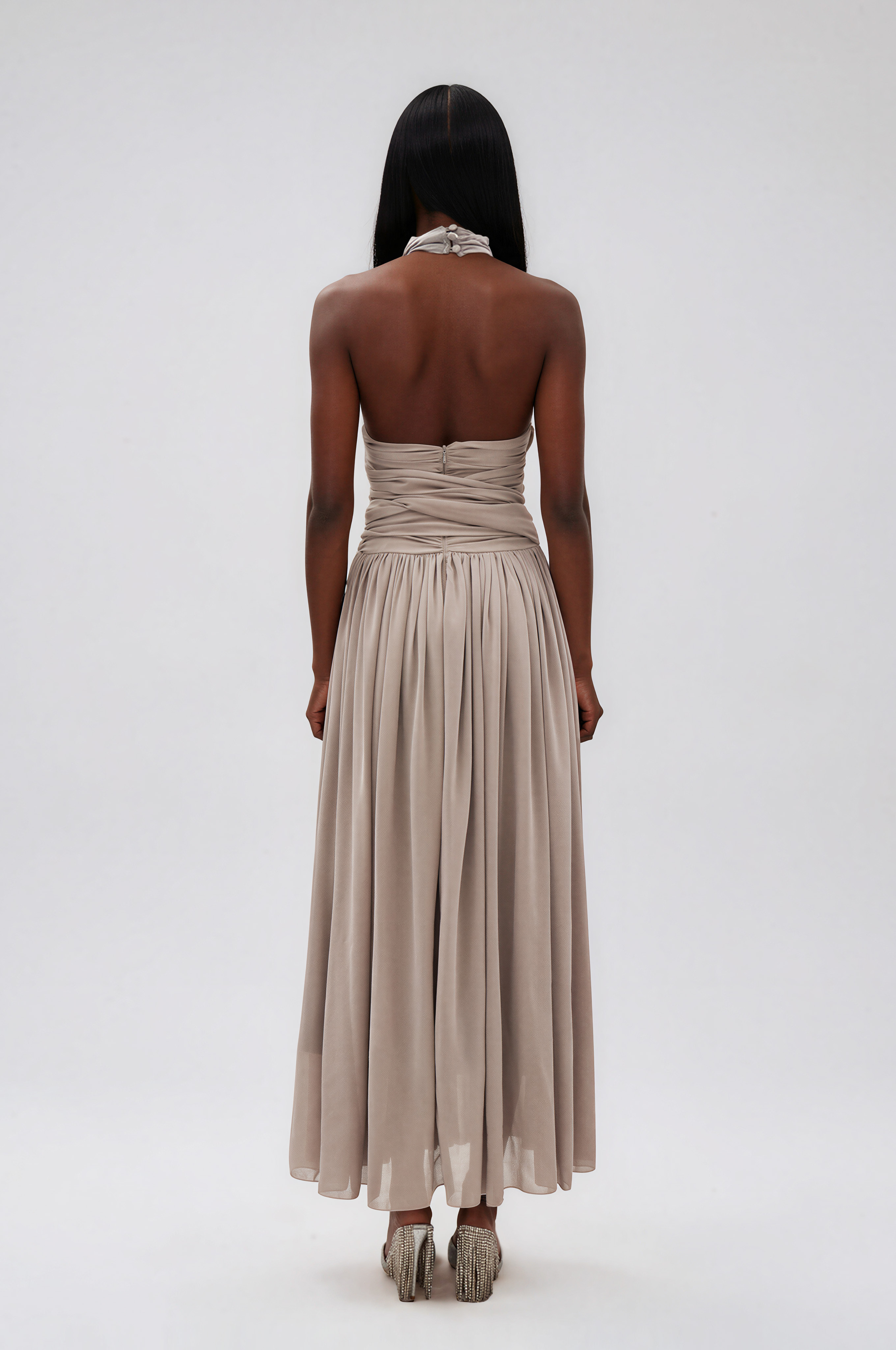 Ilu Halter Neck Tie Up Ruch Maxi Dress