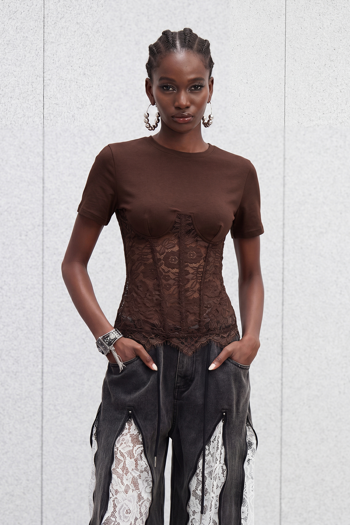 Immaculata Corset Lace Top In Brown