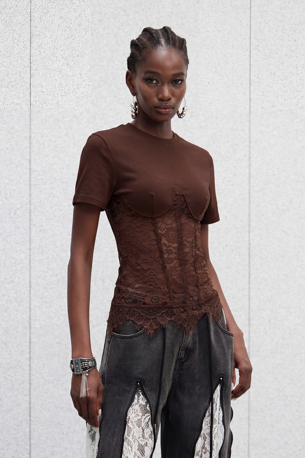 Immaculata Corset Lace Top In Brown