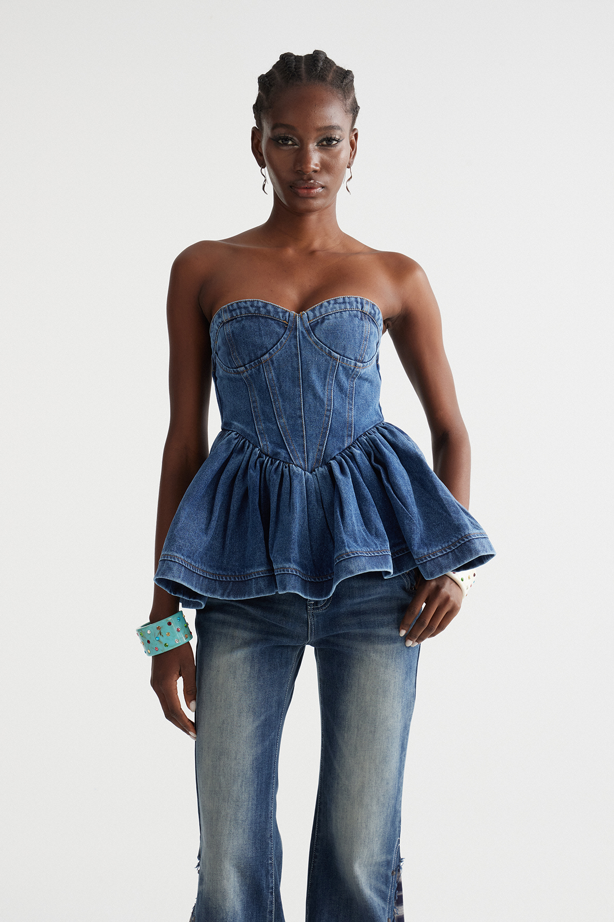 Immanuel Strapless Ruffle Denim Top