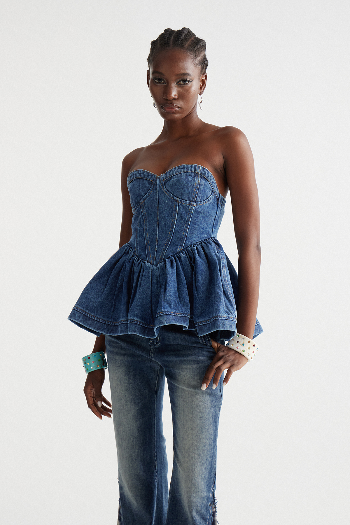 Immanuel Strapless Ruffle Denim Top