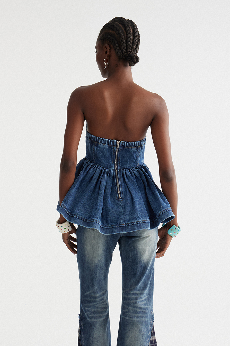 Immanuel Strapless Ruffle Denim Top