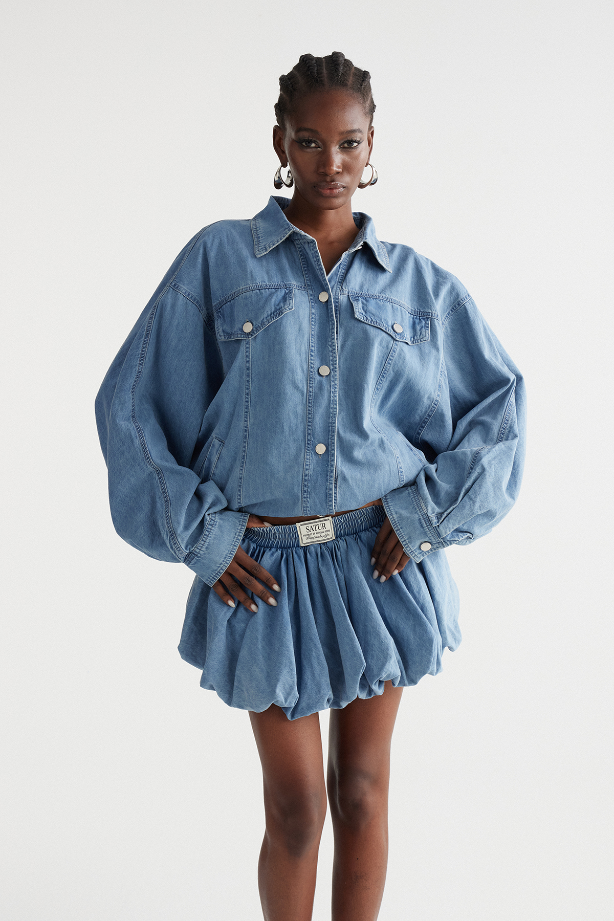 Inar Bow Bubble Denim Skirt Set