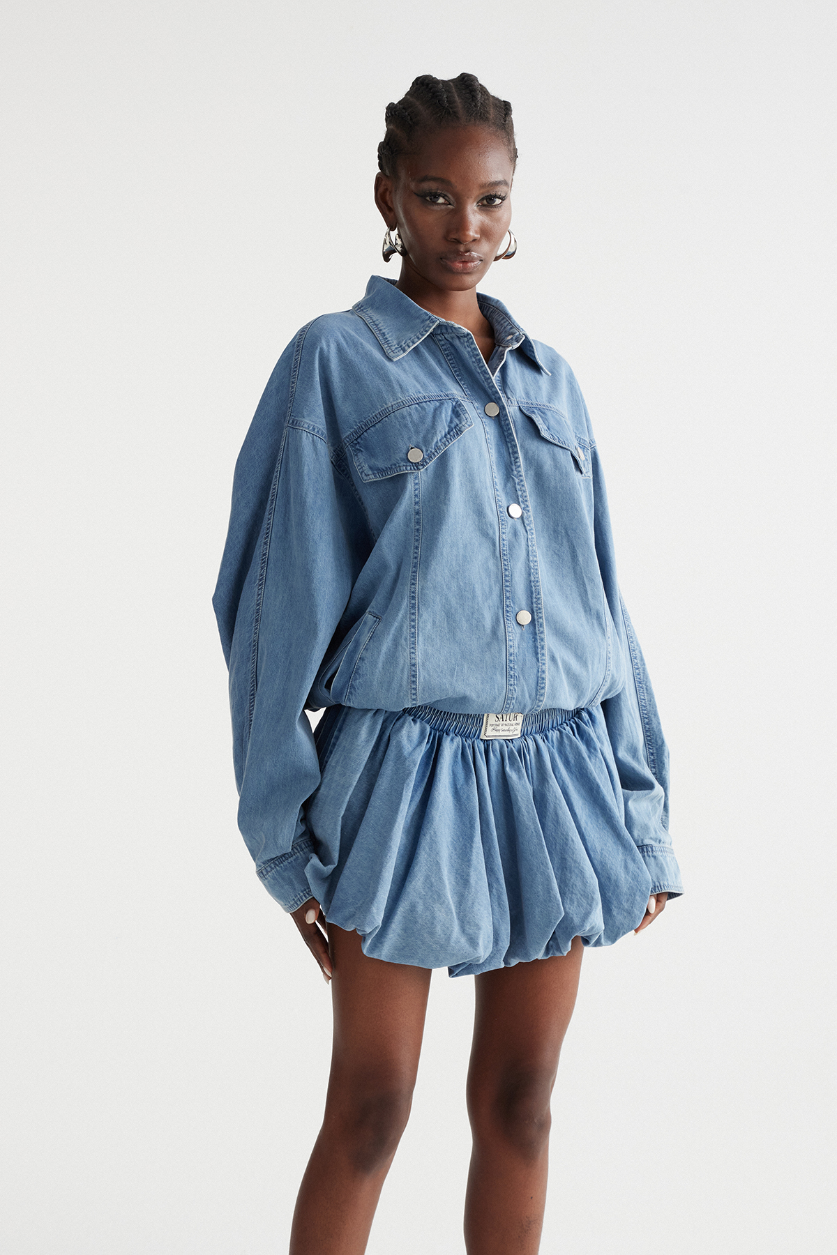Inar Bow Bubble Denim Skirt Set