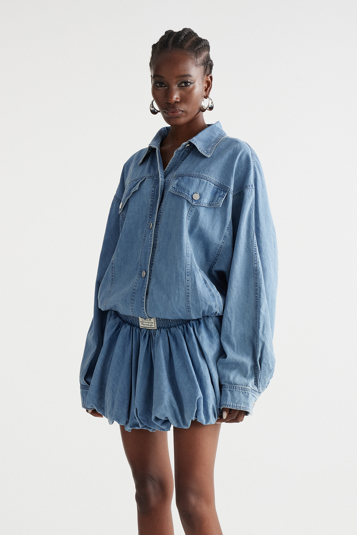 Inar Bow Bubble Denim Skirt Set