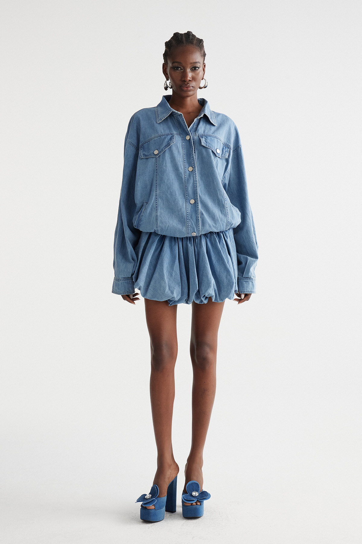 Inar Bow Bubble Denim Skirt Set