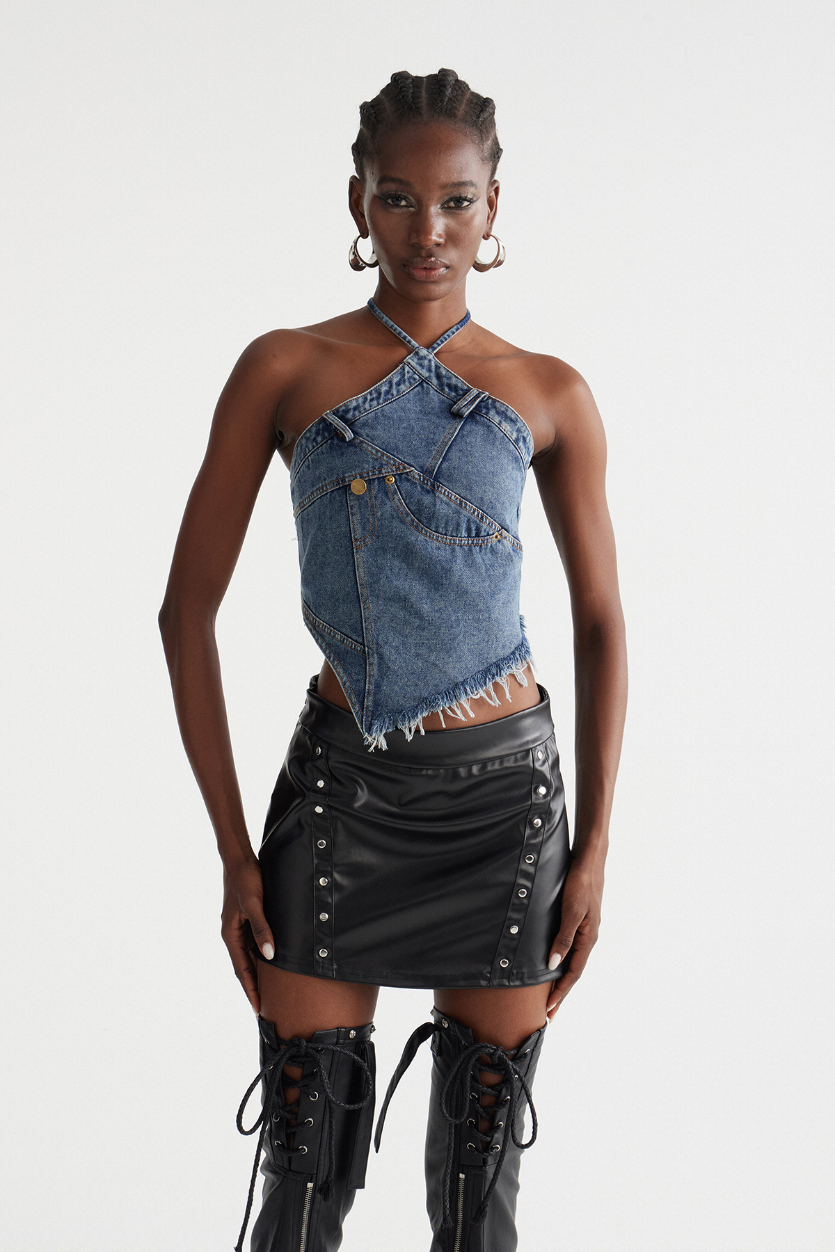 Inara Halter Neck Fringe Denim Top